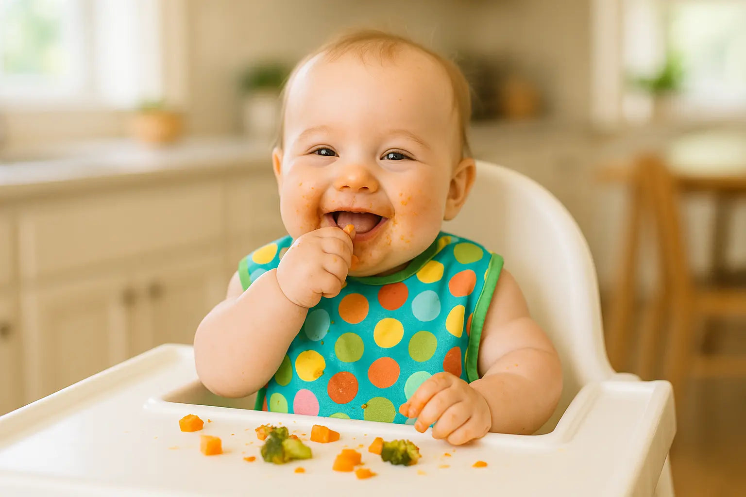 Baby bibs collection featuring a happy baby with a colorful bib enjoying mealtime.