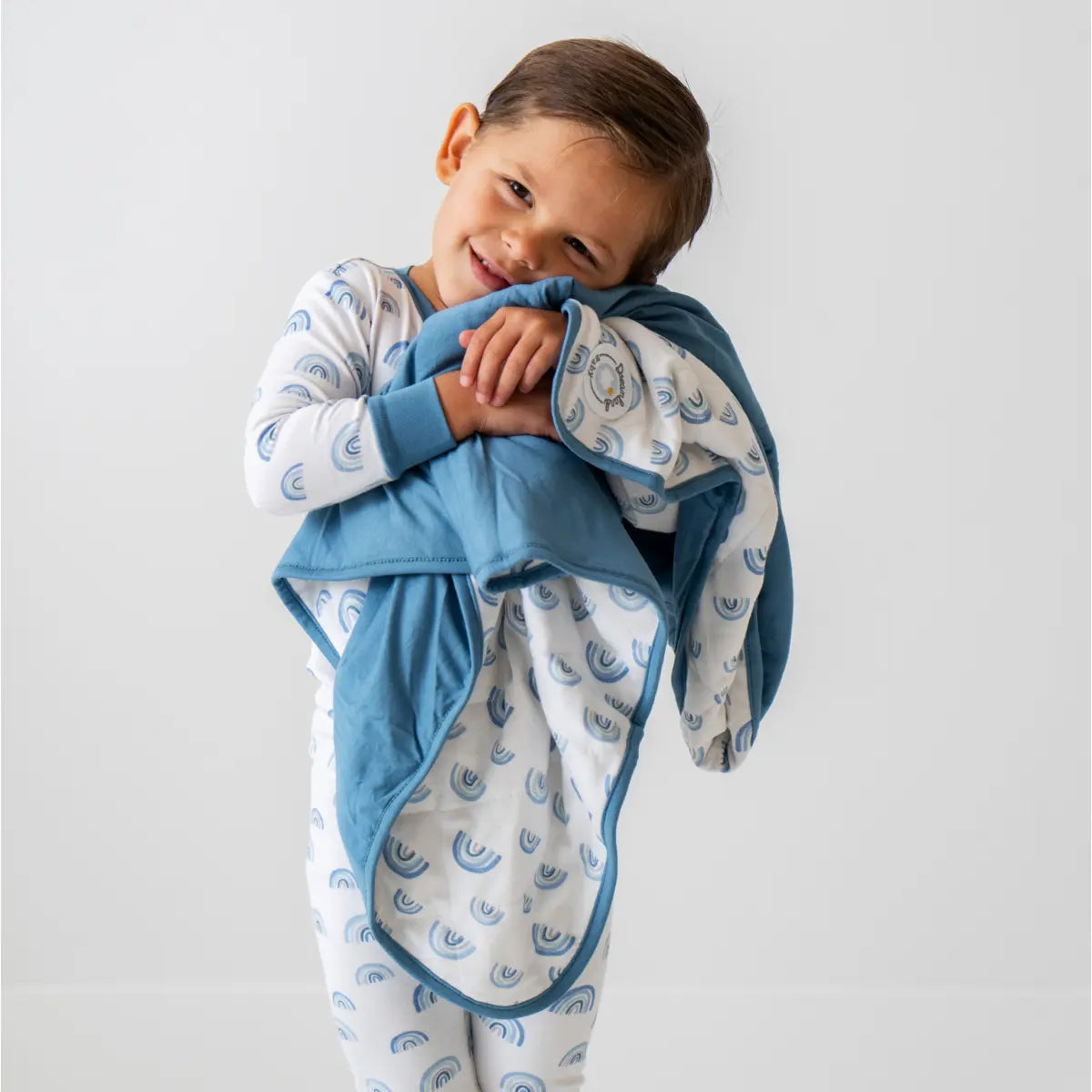Toddler Kids Bamboo Pajamas Blue Rainbow LuxeWeave Fabric.