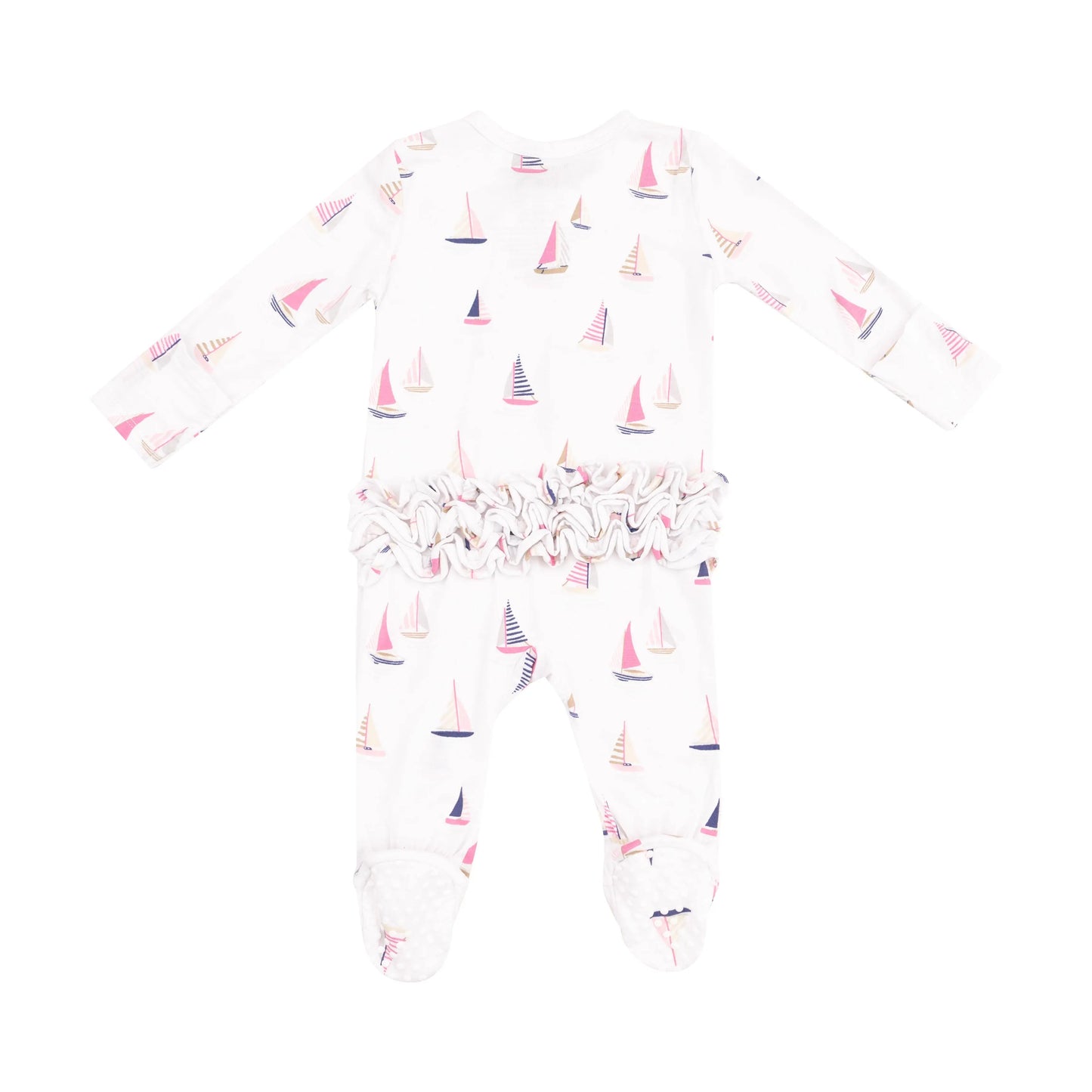 2 Way Zipper Ruffle Back Footie Sailboats Pink.