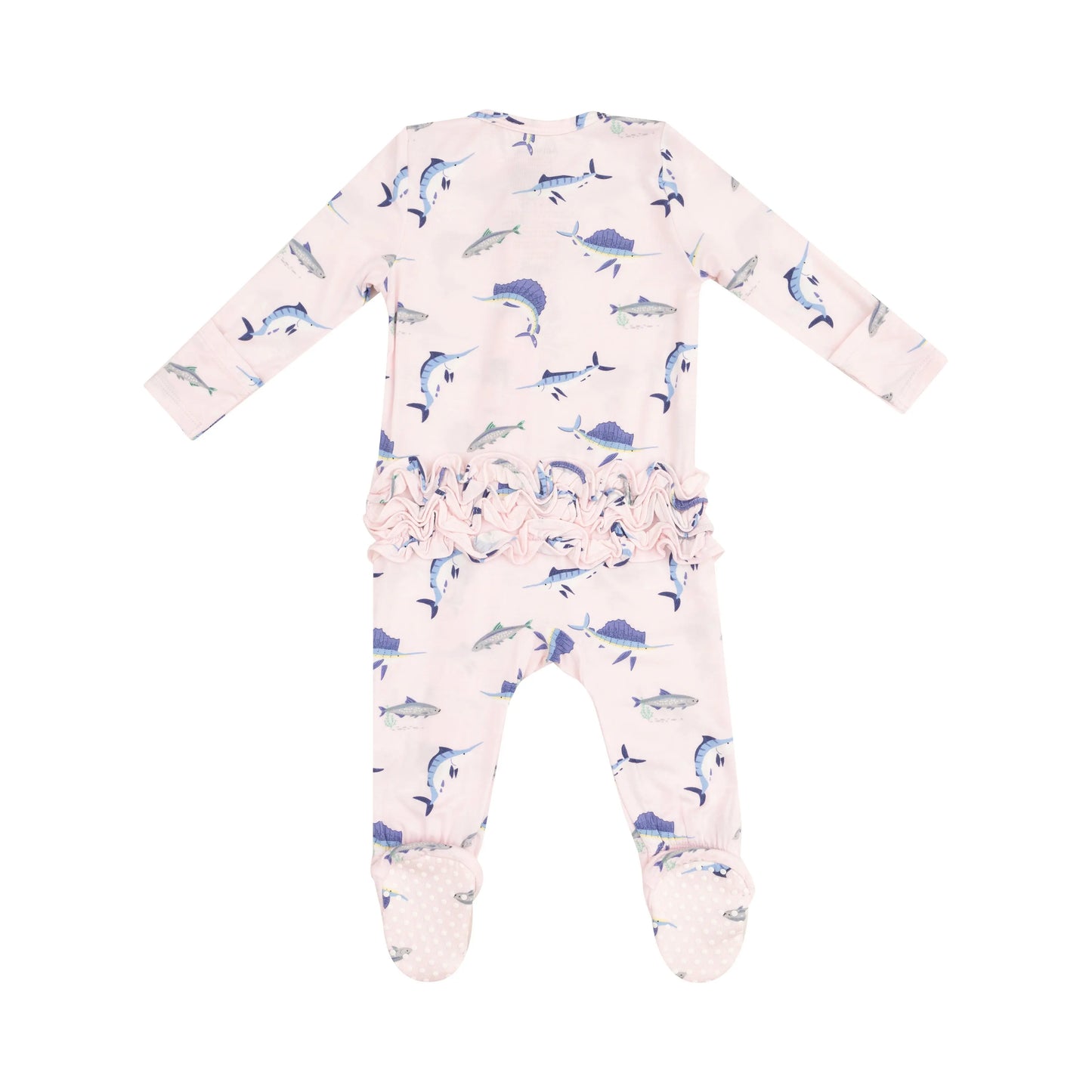 2 Way Zipper Ruffle Back Footie Deep Sea Fishing Pink.