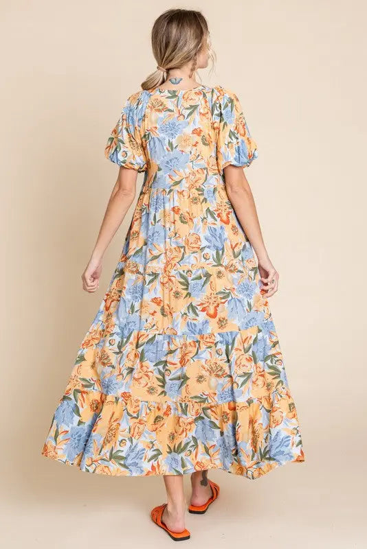 Light Blue Floral Print Pocketed Midi Dress for Women PinkBlush