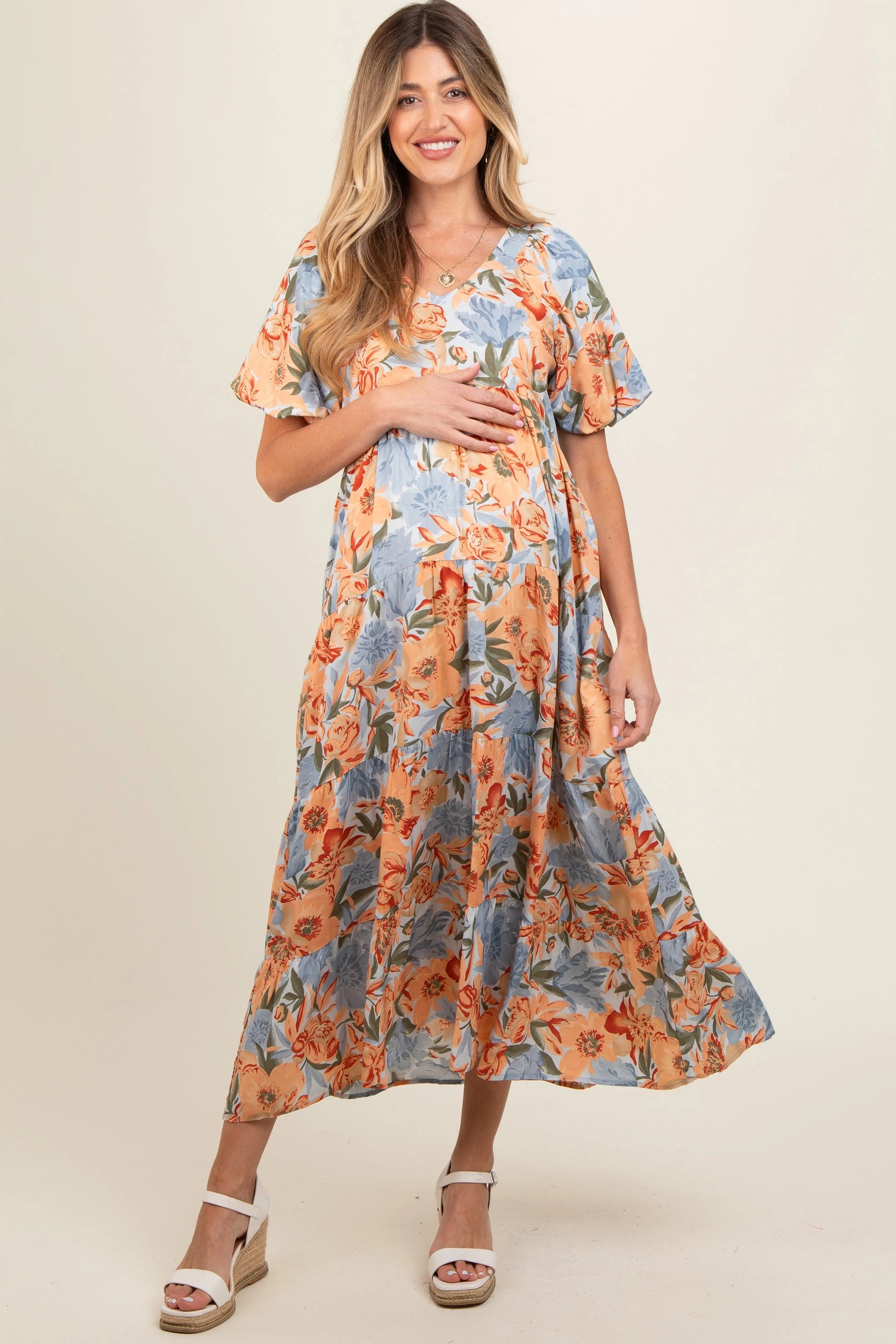 PinkBlush PinkBlush Floral Print Pocketed Maternity Midi Dress for Expecting Mothers - Apparel & Accessories > Clothing > Dresses