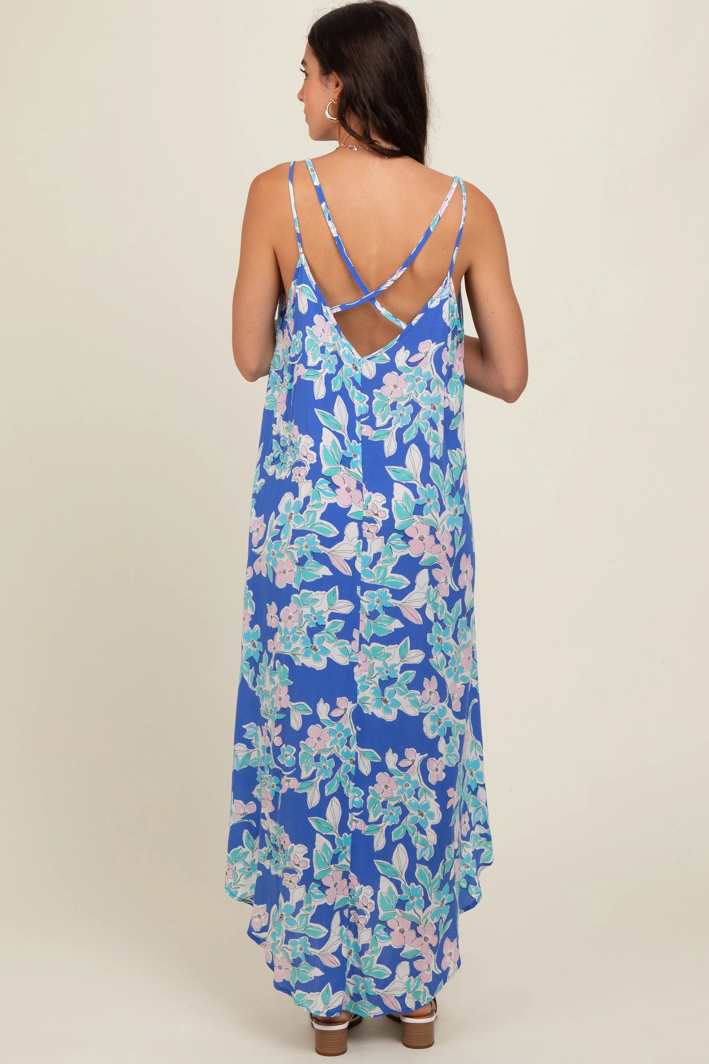 PinkBlush Elegant Floral Midi Dress with Cross Back Design for Casual Outings - Apparel & Accessories > Clothing > Dresses