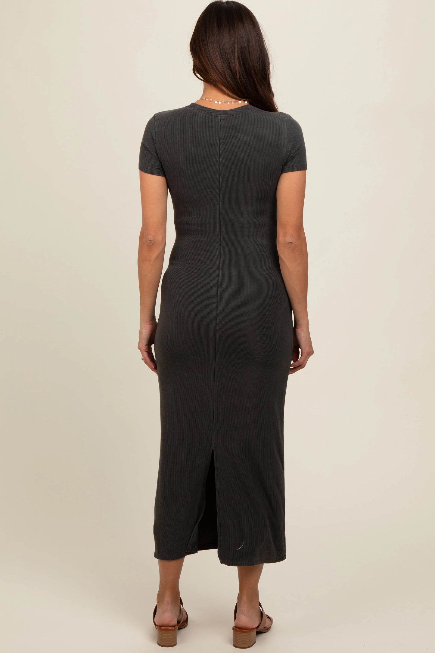 PinkBlush Charcoal Rib Knit Maternity Dress with Back Slit for Modern Moms - Apparel & Accessories > Clothing > Dresses