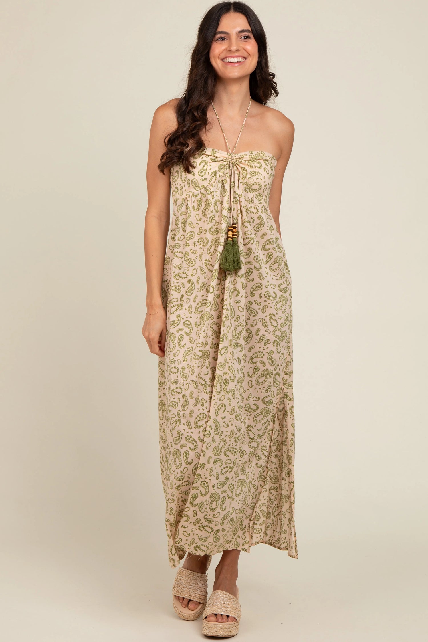 PinkBlush PinkBlush Olive Paisley Print Halter Midi Dress for Elegant Women - Apparel & Accessories > Clothing > Dresses