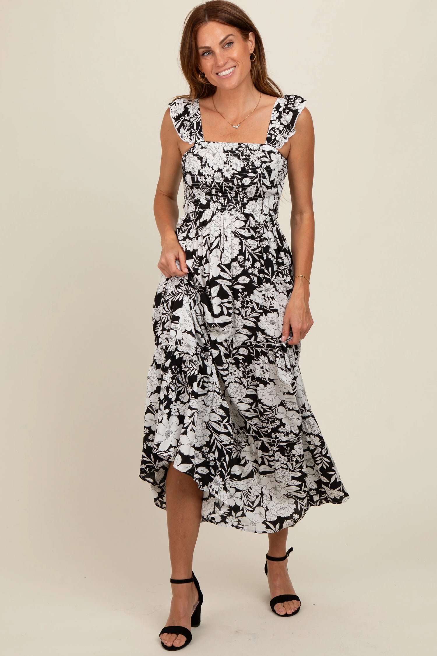 PinkBlush Bohemian Black Floral Smocked Tiered Maxi Dress for Elegant Women - Apparel & Accessories > Clothing > Dresses