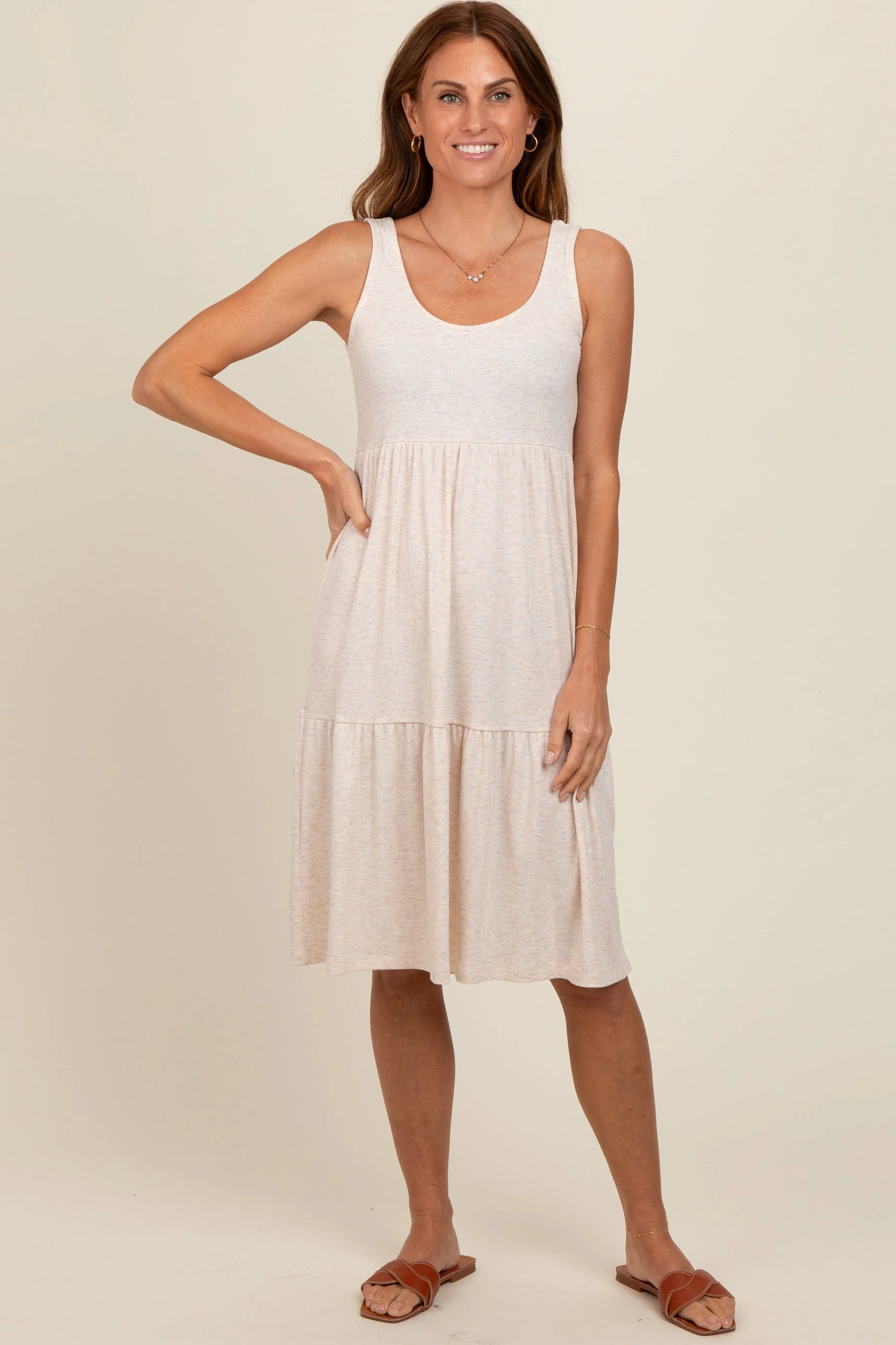 Beige Tiered Sleeveless Midi Dress for Women PinkBlush