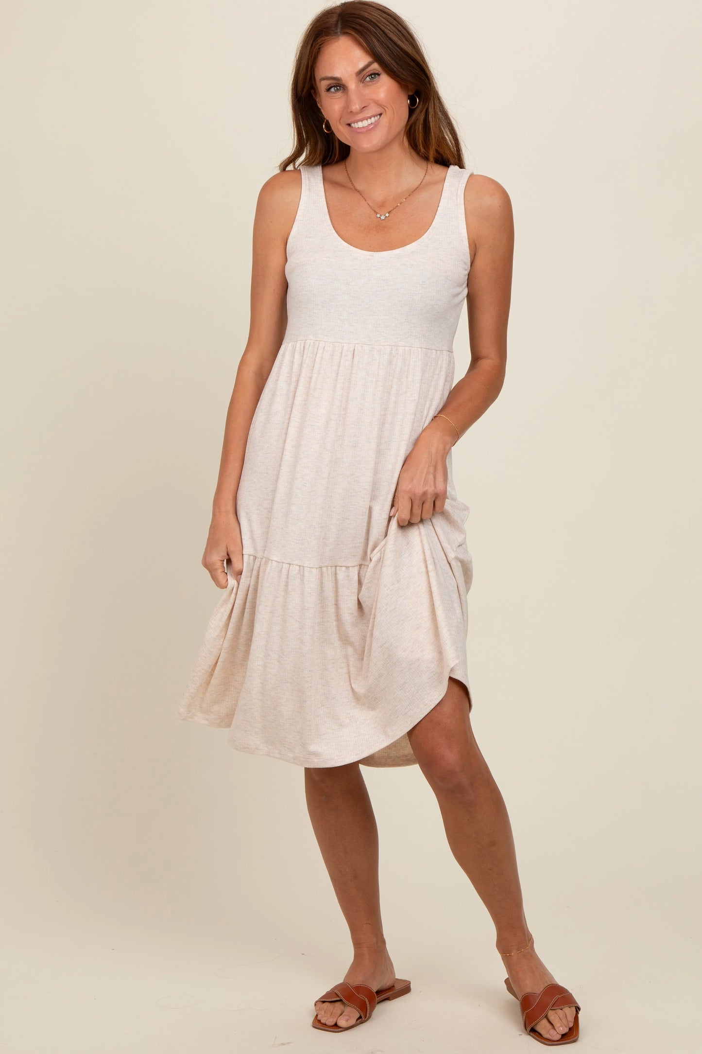 Beige Tiered Sleeveless Midi Dress for Women PinkBlush