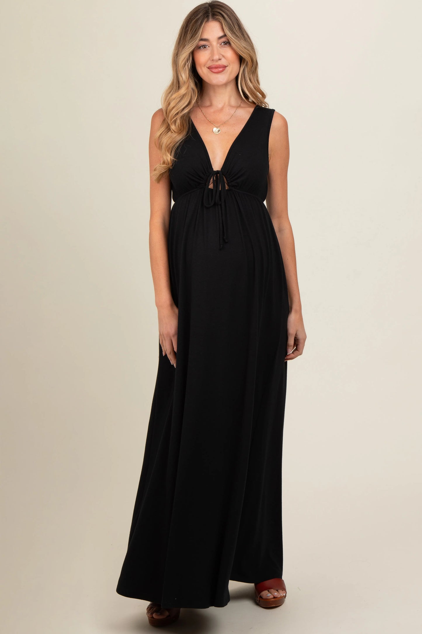 Black Front Tie Cutout Sleeveless Maternity Maxi Dress PinkBlush