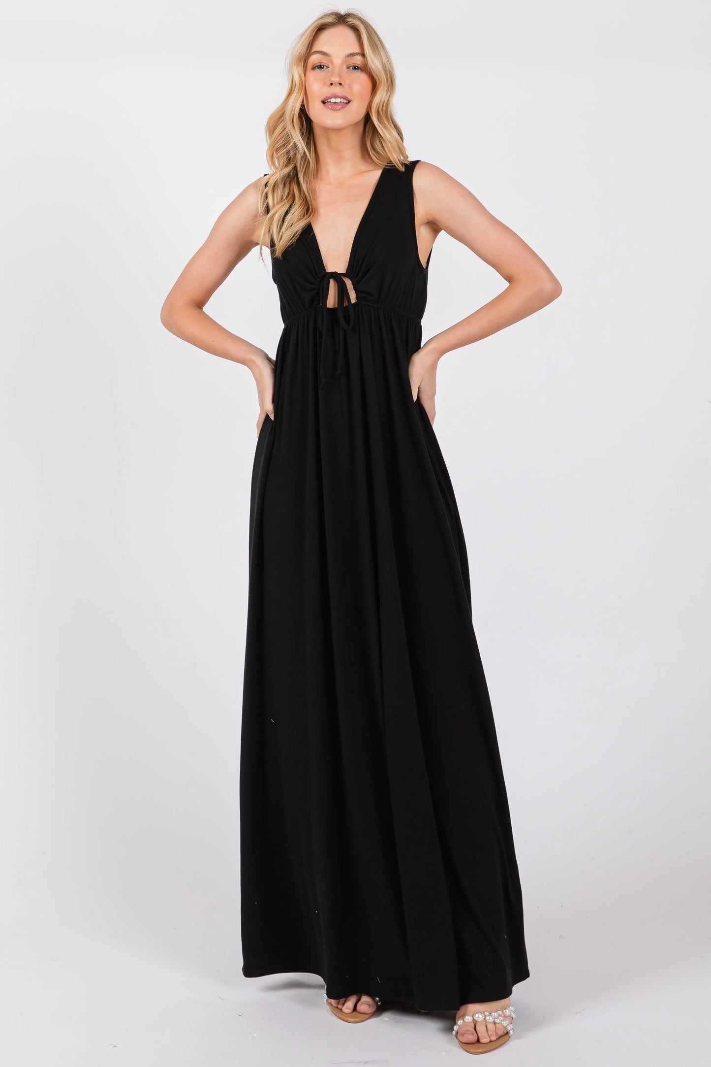 Black Front Tie Cutout Sleeveless Maternity Maxi Dress PinkBlush