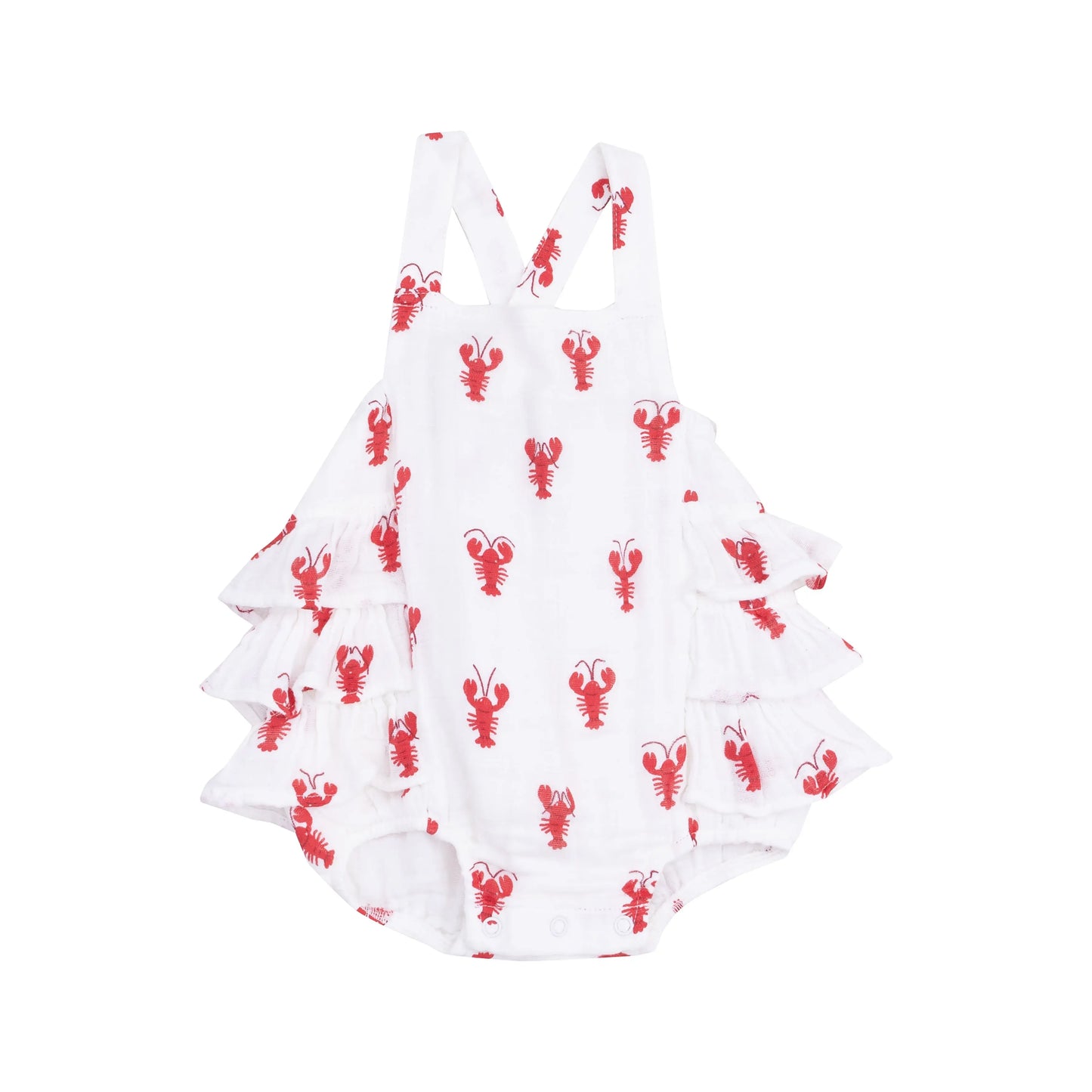 Ruffle Sunsuit Lobster Muslin Baby Outfit for Summer Fun.