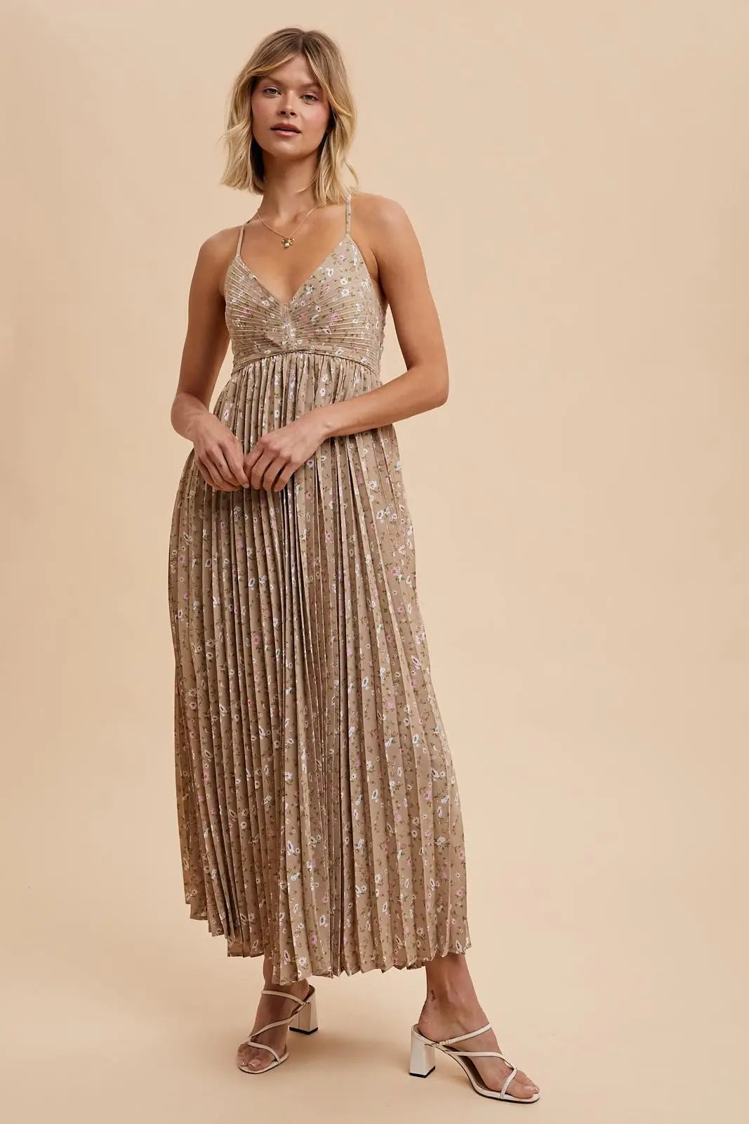 PinkBlush Mocha Floral Maxi Dress with Pleated Back Cutout for Stylish Women - Apparel & Accessories > Clothing > Dresses