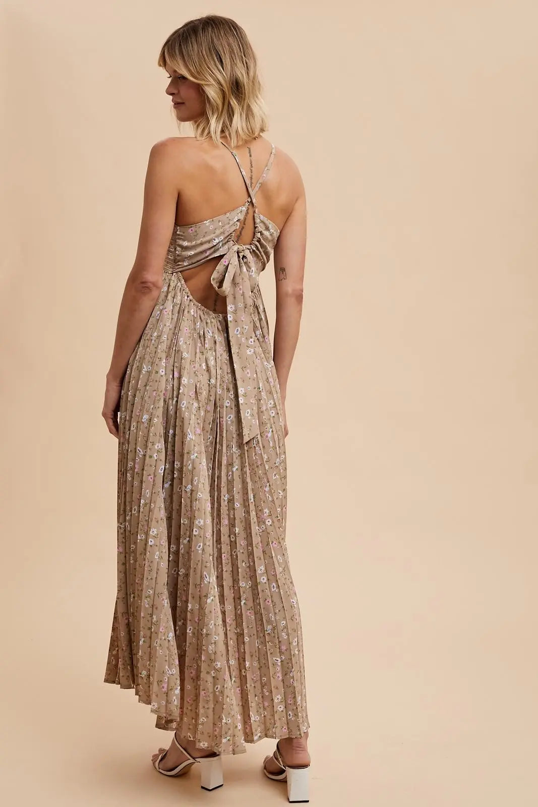 PinkBlush Mocha Floral Maxi Dress with Pleated Back Cutout for Stylish Women - Apparel & Accessories > Clothing > Dresses