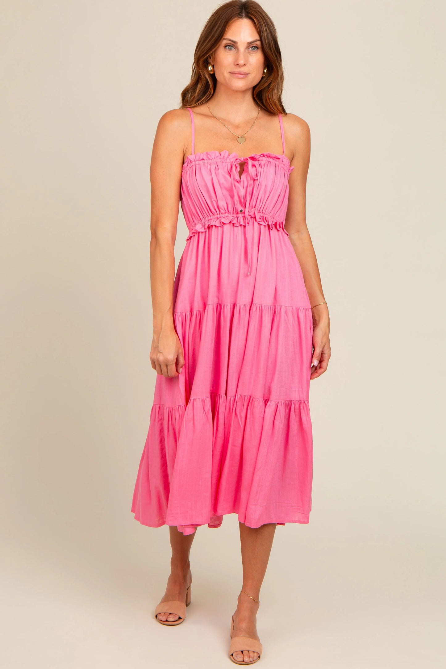 PinkBlush Elegant Fuchsia Maternity Midi Dress with Front Tie Cutout for Expecting Mothers - Apparel & Accessories > Clothing > Dresses