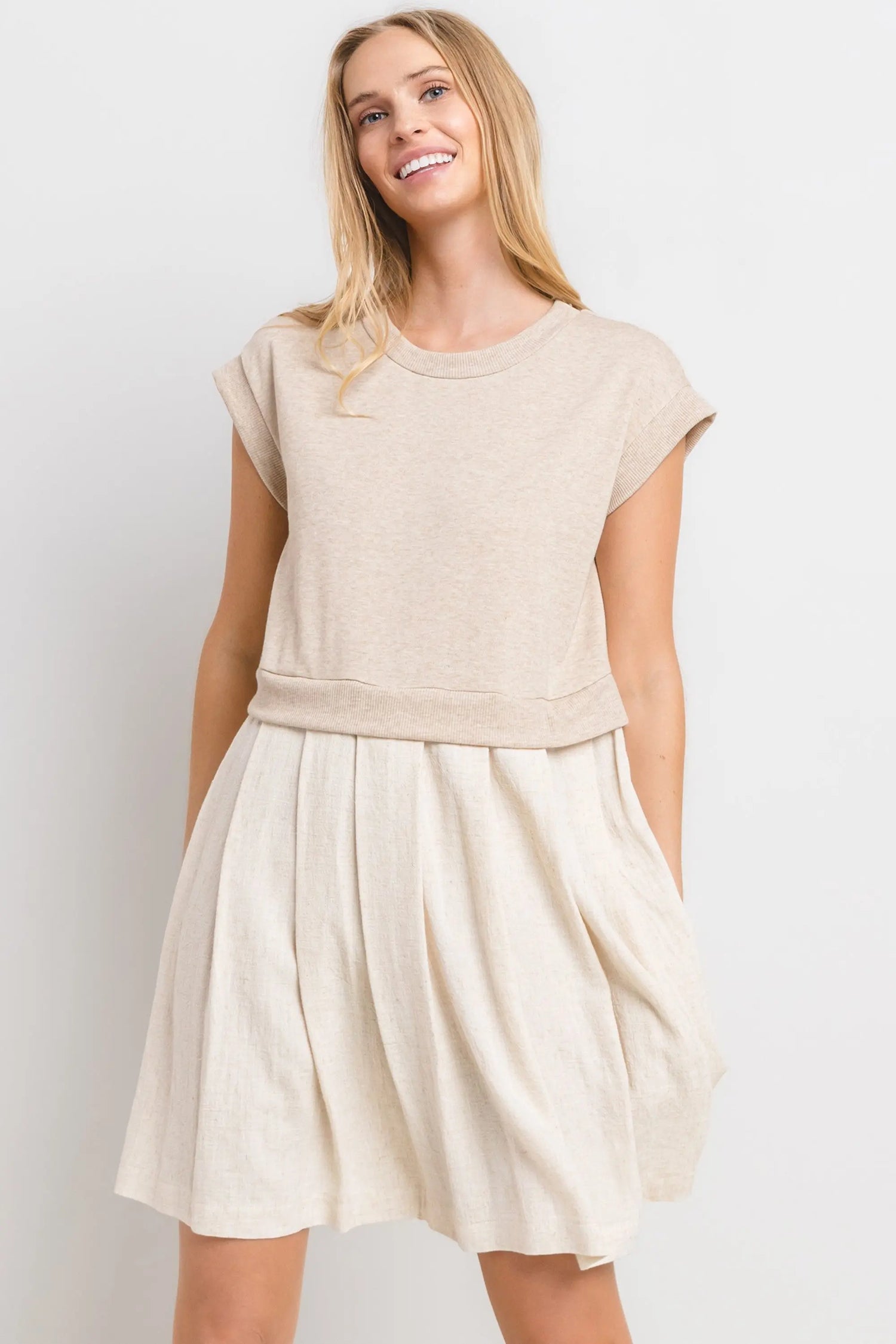 PinkBlush Chic Oatmeal Mini Dress with Contrast Pleats for Fashion-Forward Women - Apparel & Accessories > Clothing > Dresses