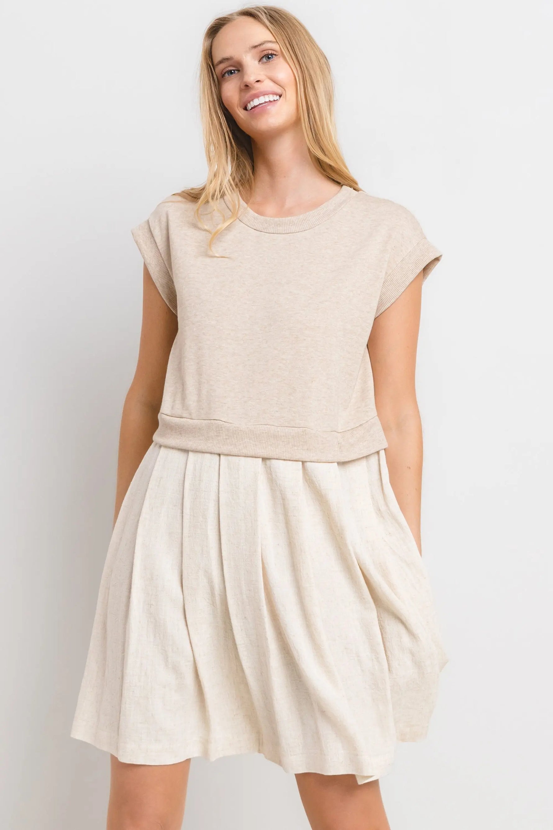 PinkBlush Chic Oatmeal Mini Dress with Contrast Pleats for Fashion-Forward Women - Apparel & Accessories > Clothing > Dresses