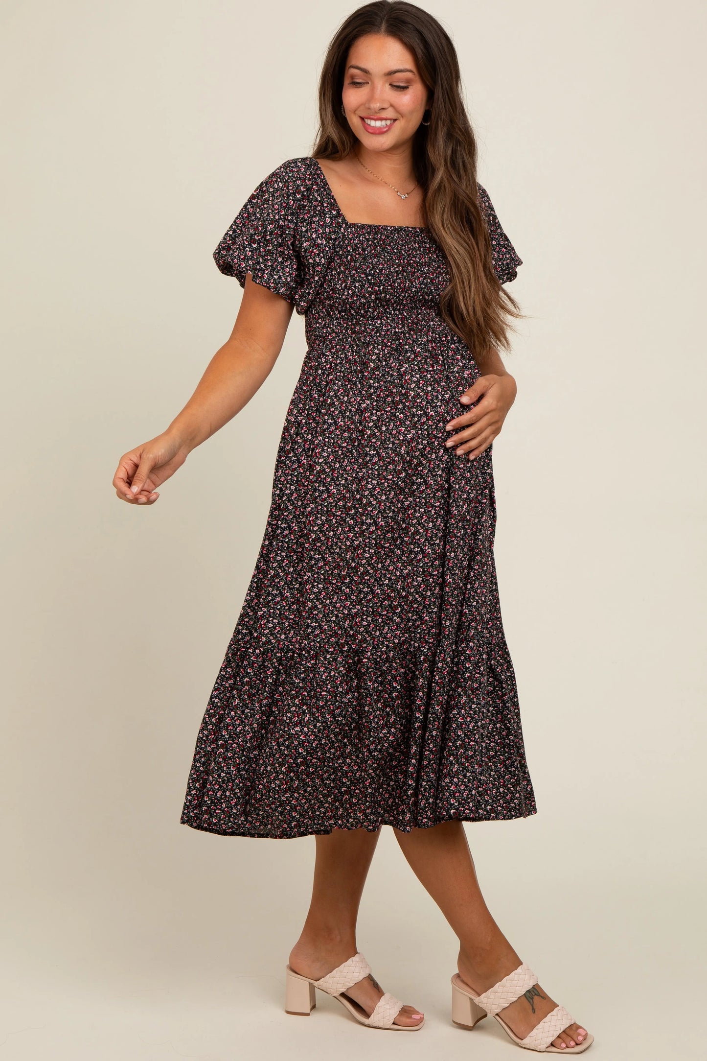 PinkBlush PinkBlush Black Floral Smocked Maternity Midi Dress for Stylish Moms - Apparel & Accessories > Clothing > Dresses