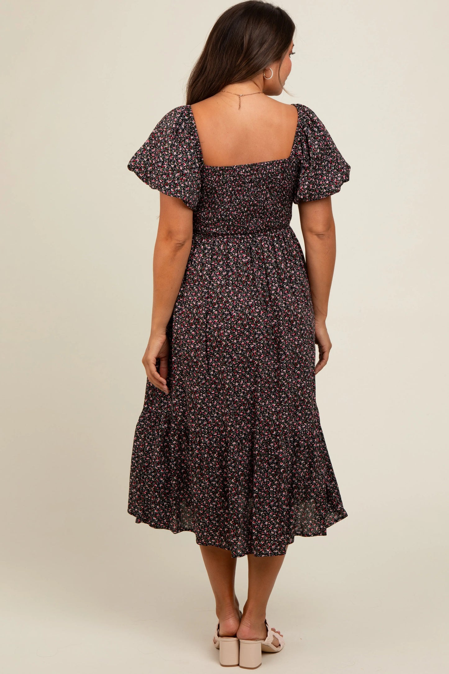 PinkBlush PinkBlush Black Floral Smocked Maternity Midi Dress for Stylish Moms - Apparel & Accessories > Clothing > Dresses