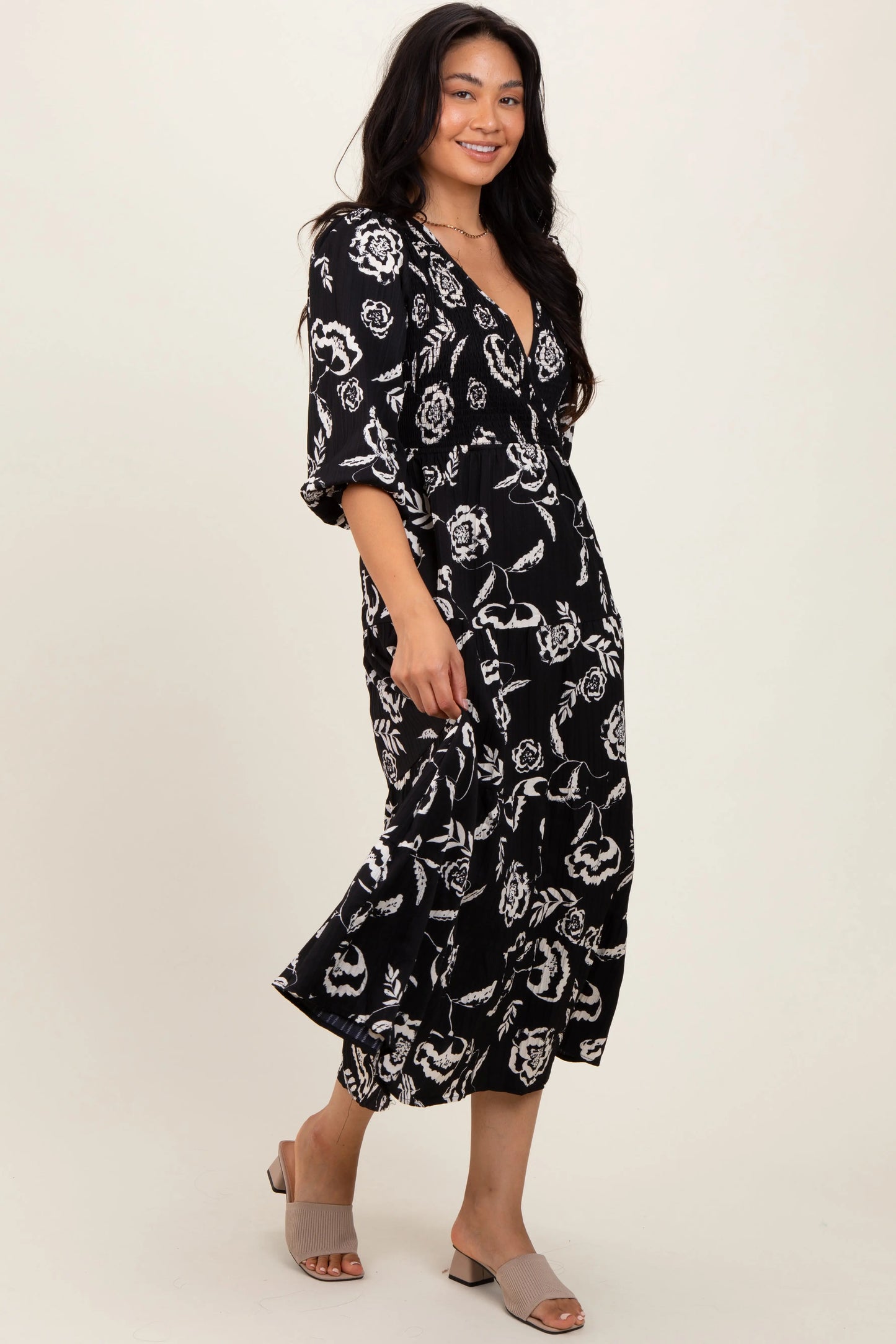 PinkBlush Elegant Black Floral Smocked Tiered Dress for Fashionable Women - Apparel & Accessories > Clothing > Dresses