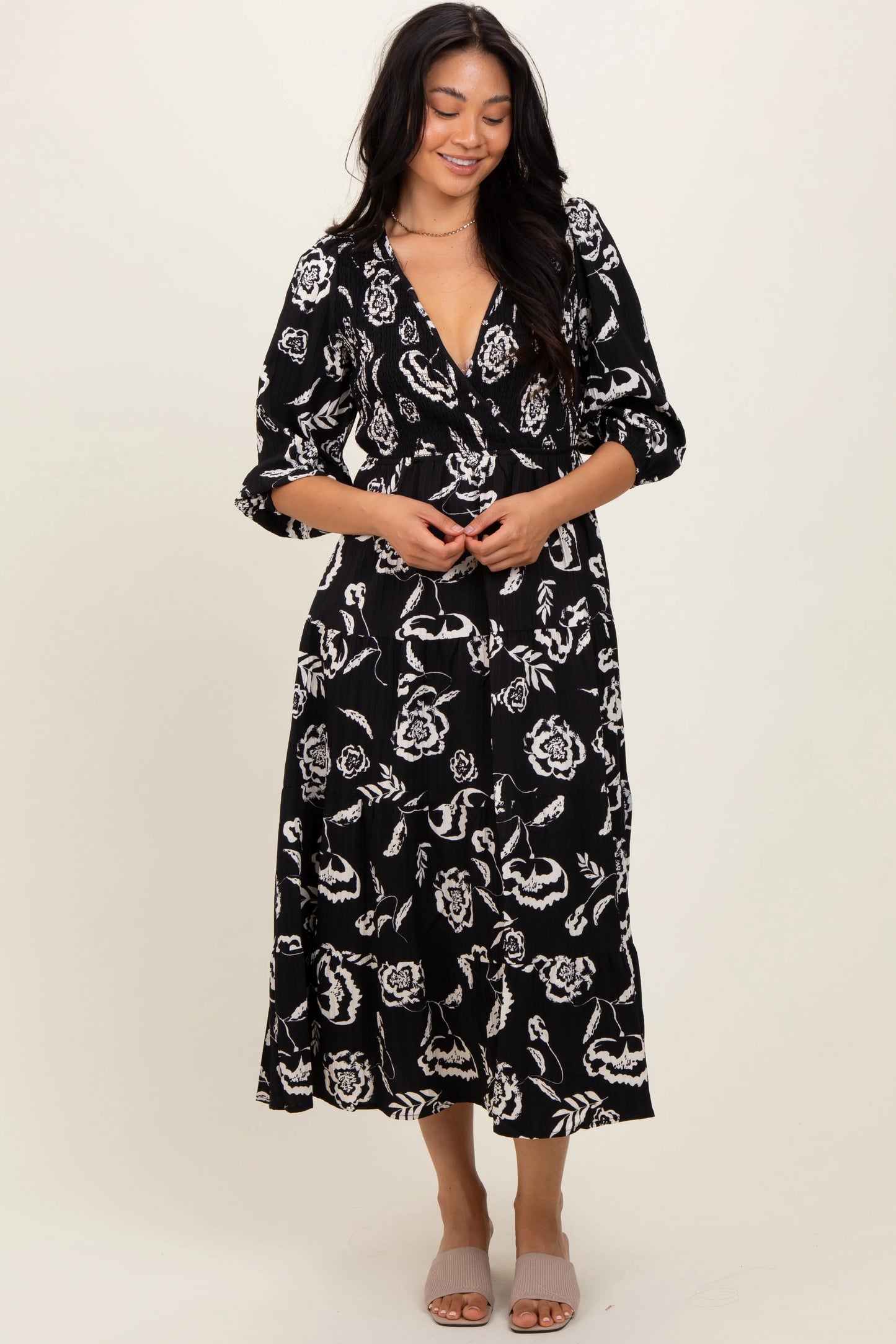 PinkBlush Elegant Black Floral Smocked Tiered Dress for Fashionable Women - Apparel & Accessories > Clothing > Dresses