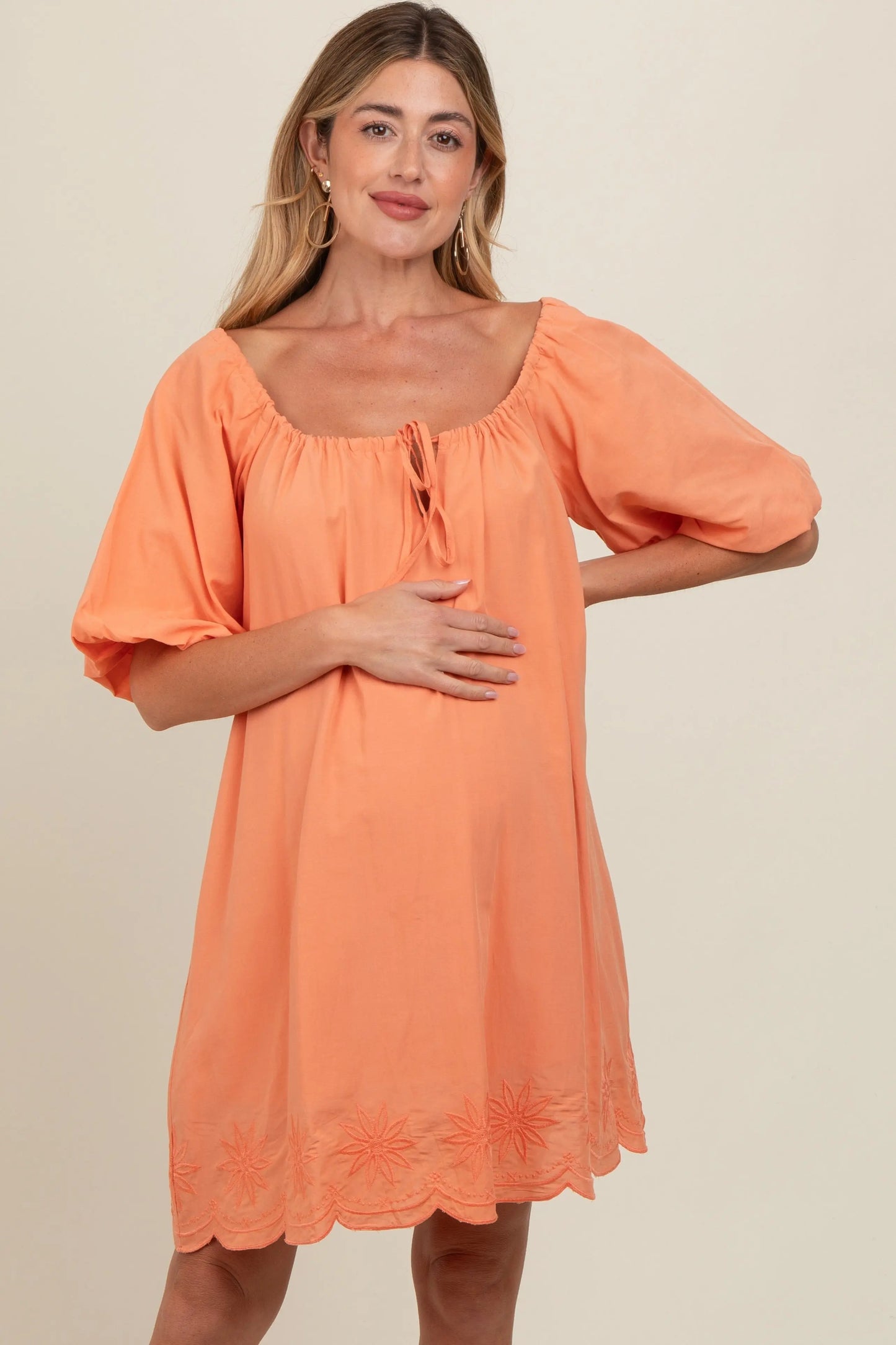 PinkBlush PinkBlush Peach Embroidered Puff Sleeve Maternity Dress for Expecting Moms - Apparel & Accessories > Clothing > Dresses