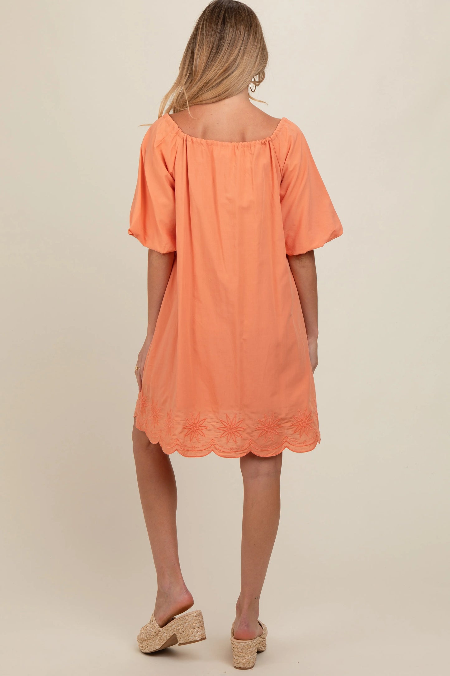 PinkBlush PinkBlush Peach Embroidered Puff Sleeve Maternity Dress for Expecting Moms - Apparel & Accessories > Clothing > Dresses
