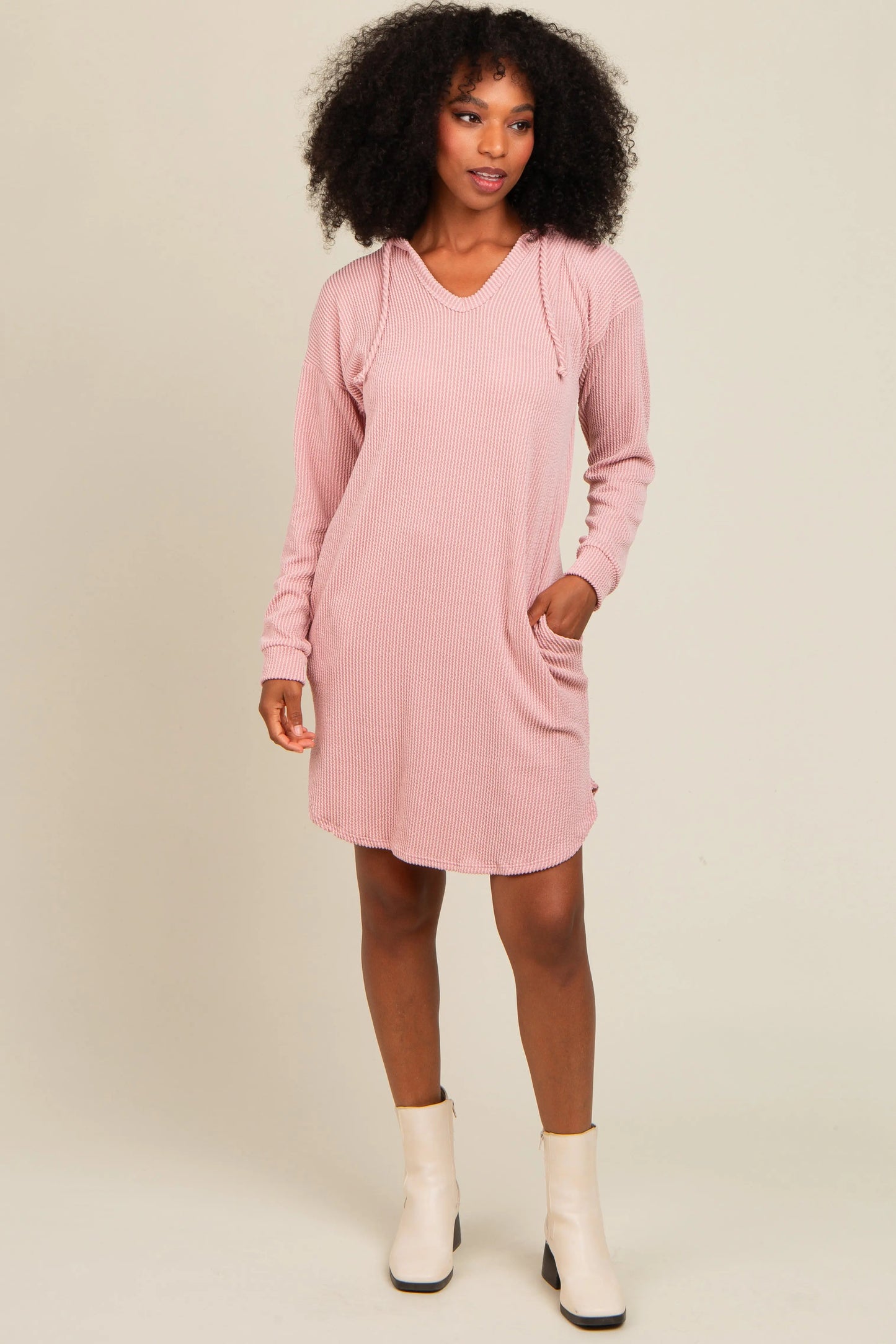 Mauve Ribbed Hoodie Maternity Dress for Stylish Comfort PinkBlush