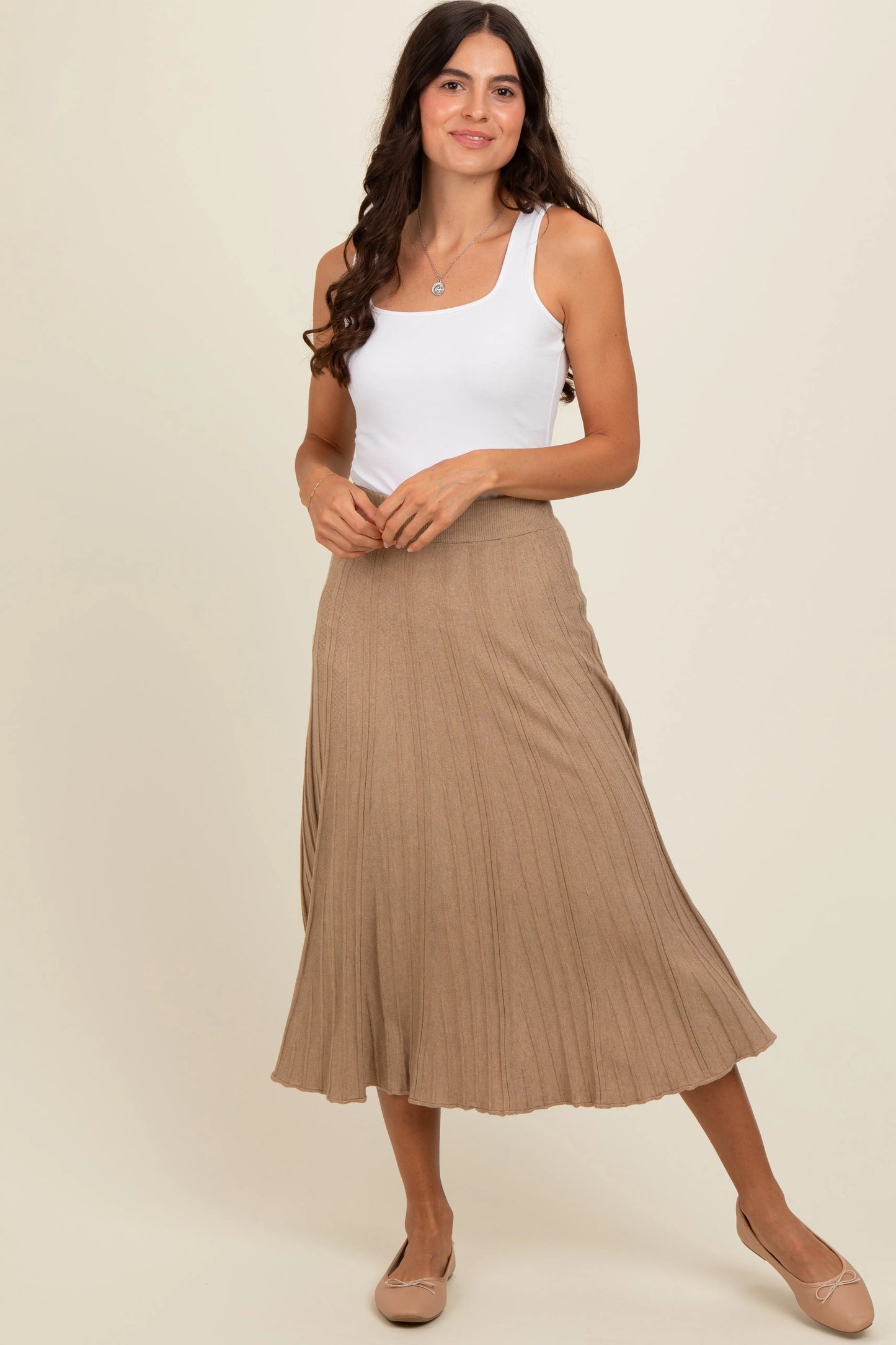 Mocha Ribbed Knit A Line Midi Skirt for Women PinkBlush