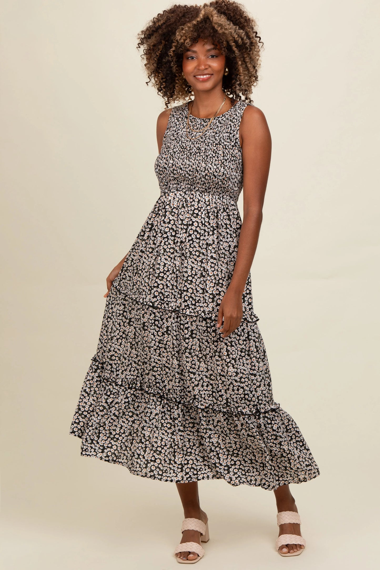 Black Floral Sleeveless Ruffle Tiered Maternity Maxi Dress PinkBlush