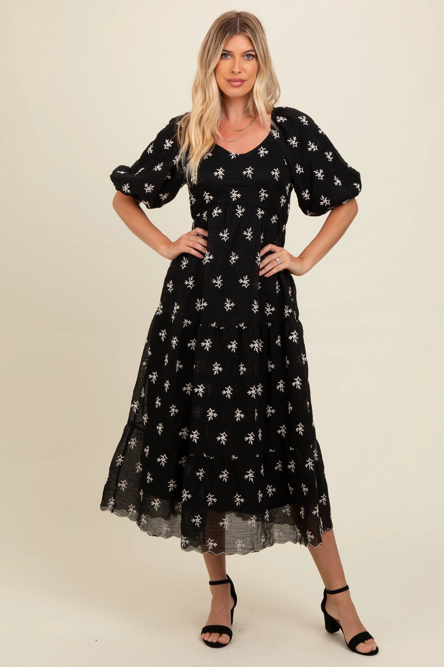 PinkBlush PinkBlush Black Floral Puff Sleeve Maternity Midi Dress for Expecting Mothers - Apparel & Accessories > Clothing > Dresses