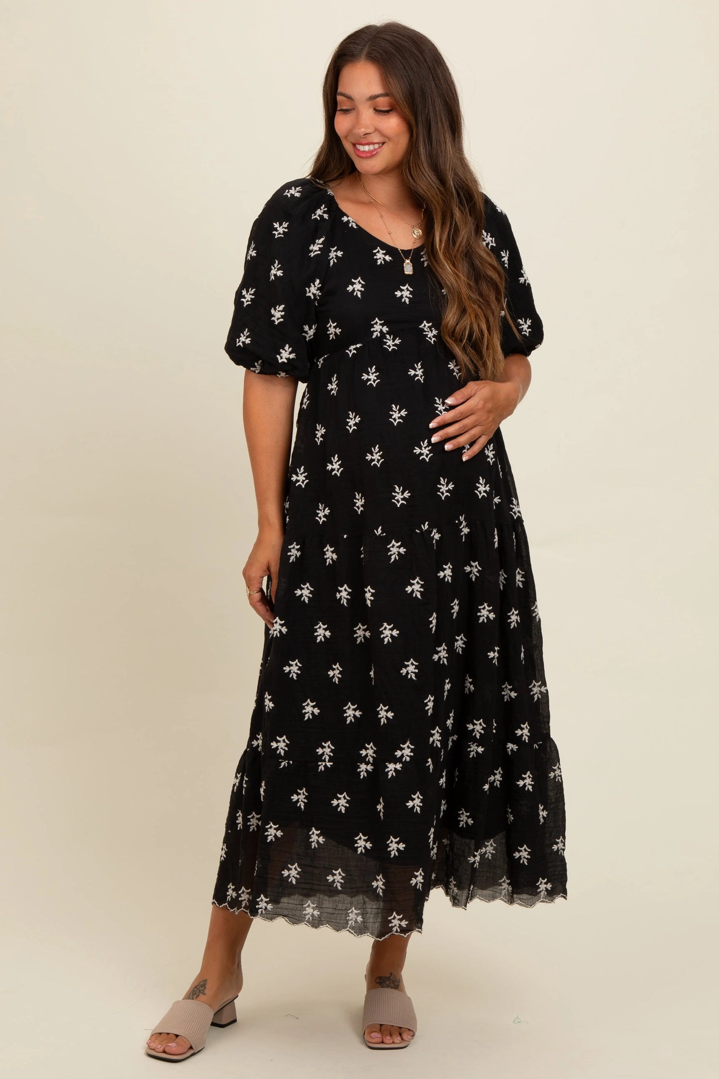 PinkBlush PinkBlush Black Floral Puff Sleeve Maternity Midi Dress for Expecting Mothers - Apparel & Accessories > Clothing > Dresses