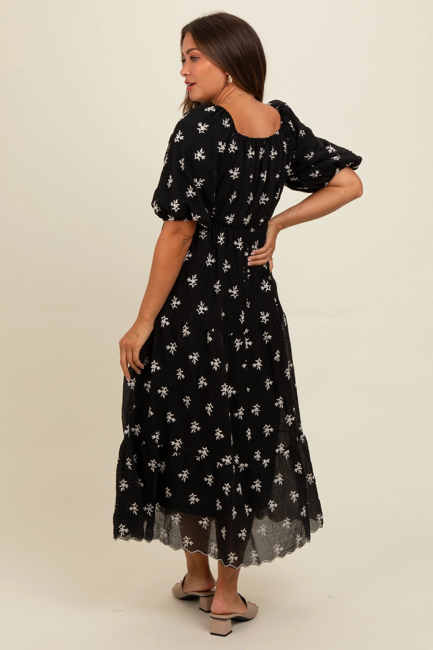 PinkBlush PinkBlush Black Floral Puff Sleeve Maternity Midi Dress for Expecting Mothers - Apparel & Accessories > Clothing > Dresses