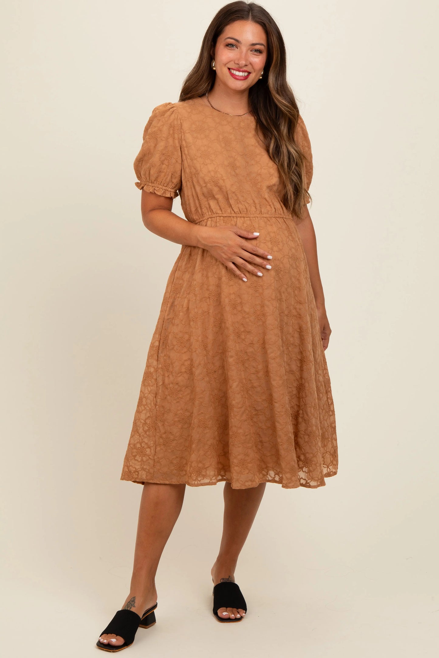 PinkBlush Camel Floral Embroidered Overlay Maternity Midi Dress for Expecting Mothers - Apparel & Accessories > Clothing > Dresses