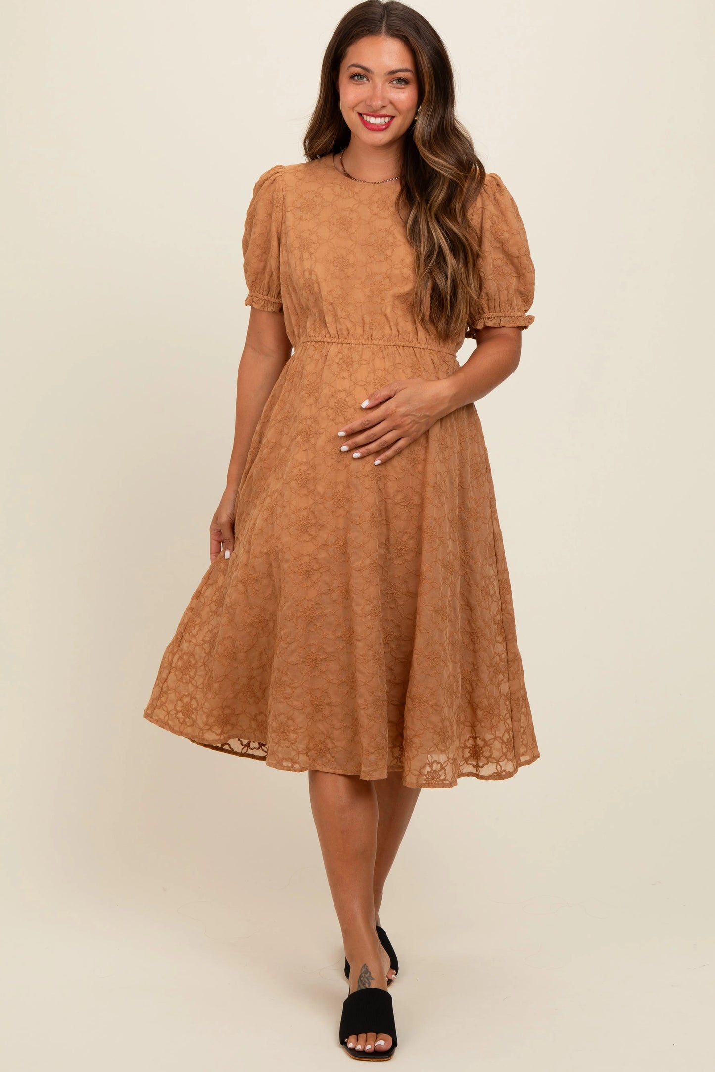 PinkBlush Camel Floral Embroidered Overlay Maternity Midi Dress for Expecting Mothers - Apparel & Accessories > Clothing > Dresses
