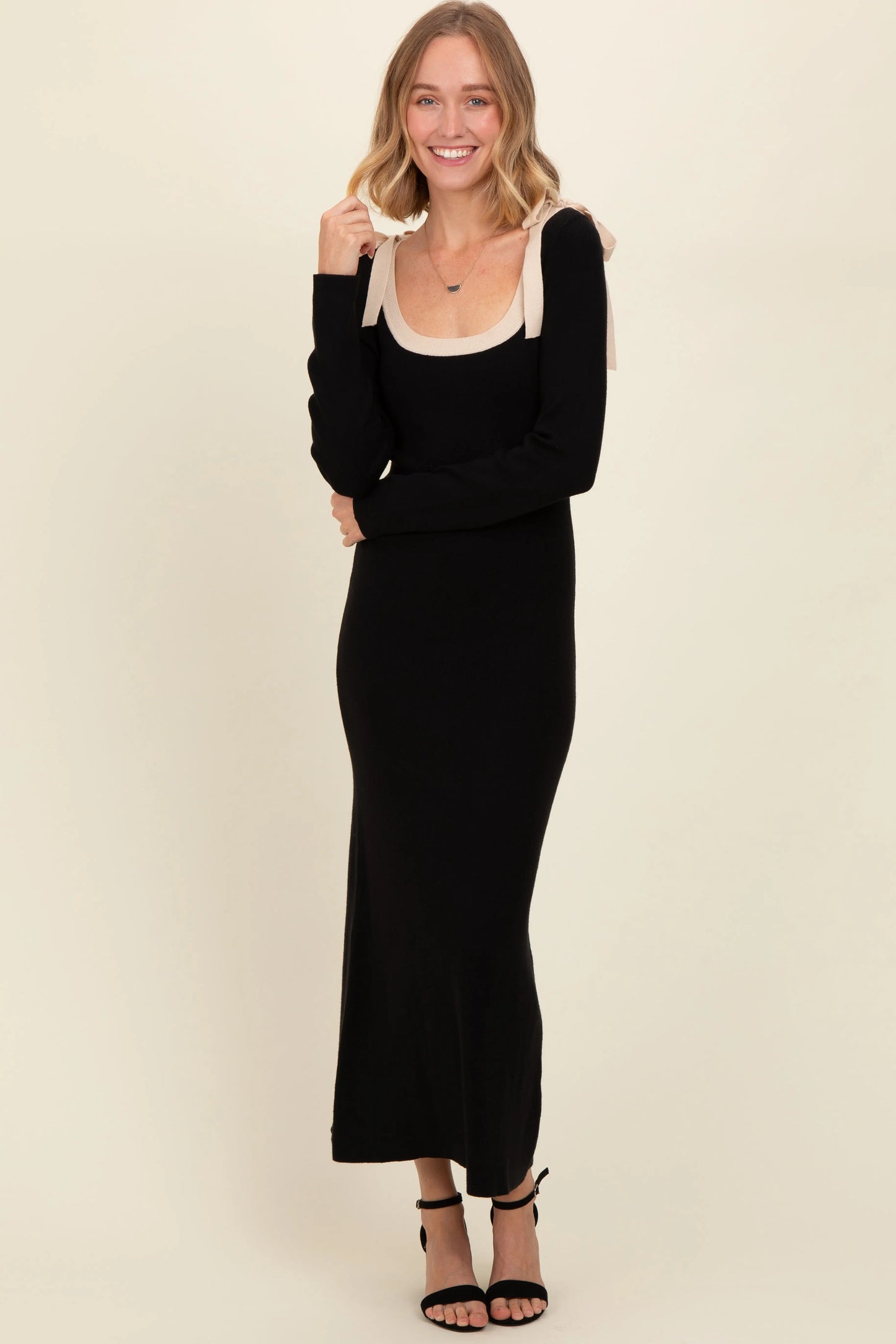 Black Shoulder Bow Maternity Maxi Sweater Dress PinkBlush
