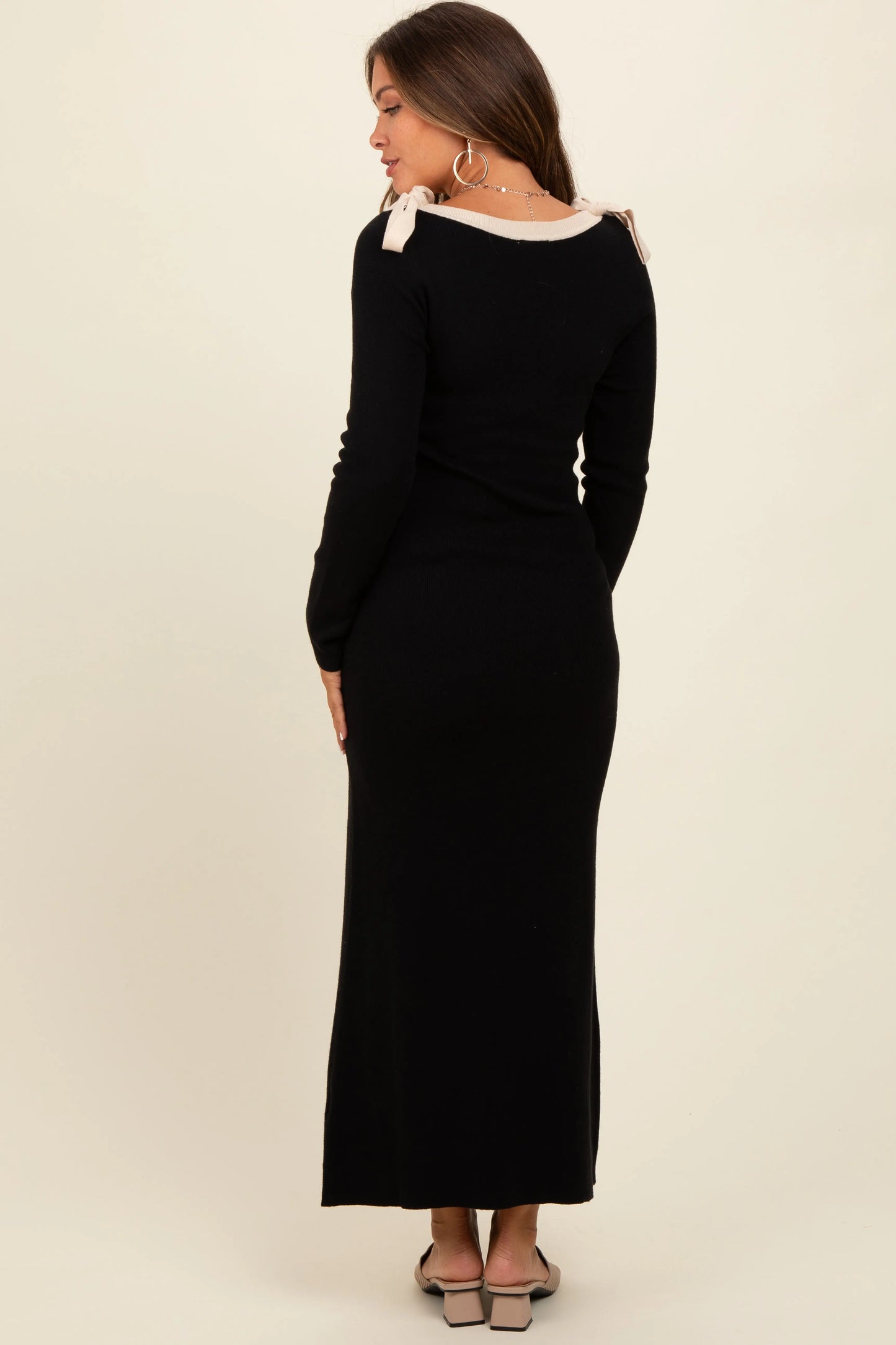 Black Shoulder Bow Maternity Maxi Sweater Dress PinkBlush