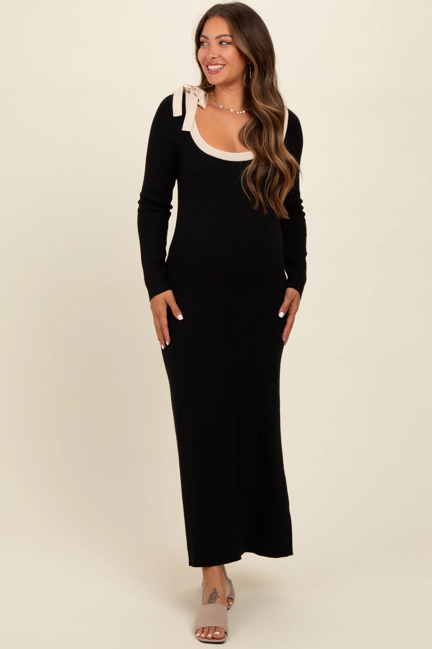 Black Shoulder Bow Maternity Maxi Sweater Dress PinkBlush