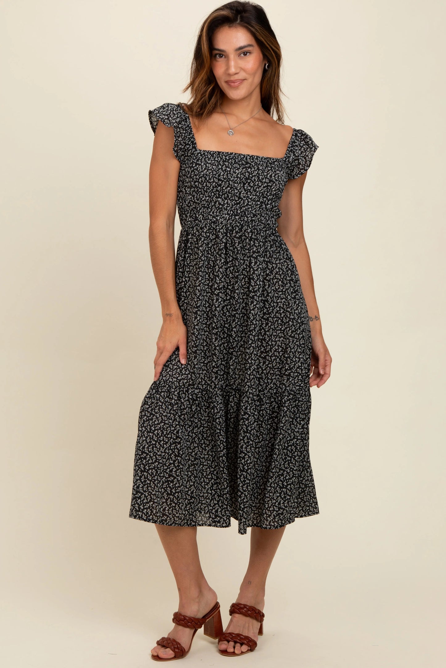PinkBlush PinkBlush Black Ruffle Strap Smocked Midi Dress for Fashion-Forward Women - Apparel & Accessories > Clothing > Dresses