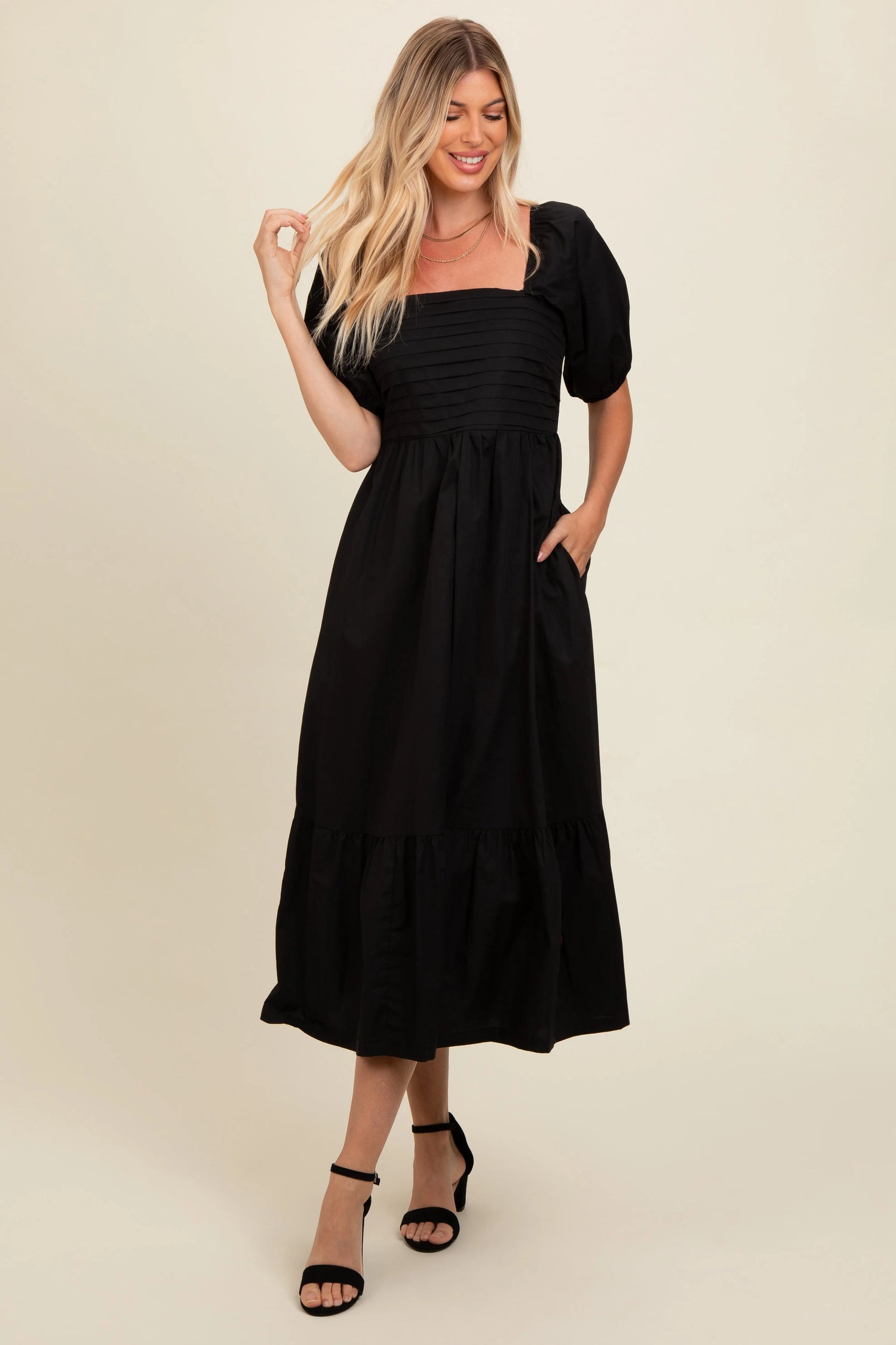 PinkBlush PinkBlush Black Pleated Bodice Puff Sleeve Midi Dress for Elegant Women - Apparel & Accessories > Clothing > Dresses
