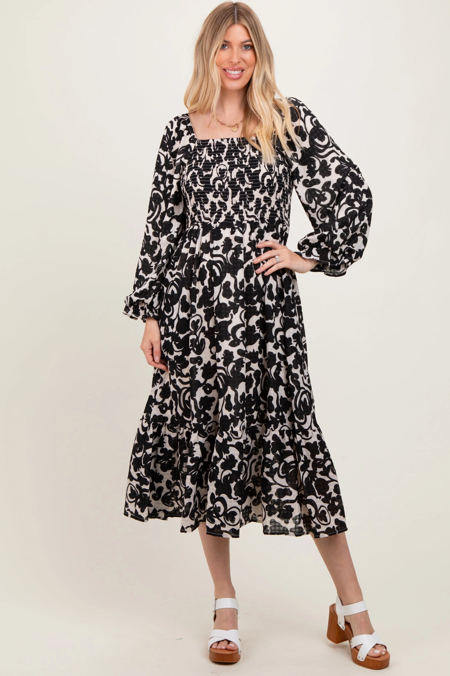 Black Floral Damask Print Smocked Midi Dress PinkBlush