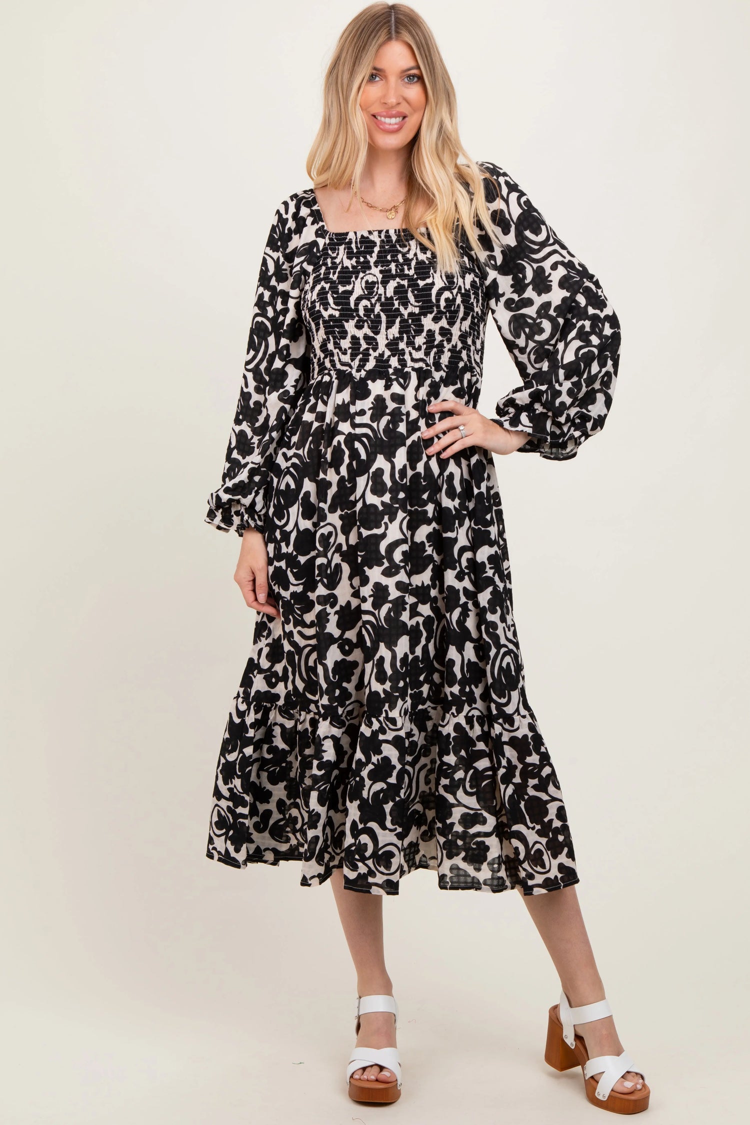 PinkBlush Elegant Black Floral Damask Print Smocked Midi Dress for Modern Women - Apparel & Accessories > Clothing > Dresses