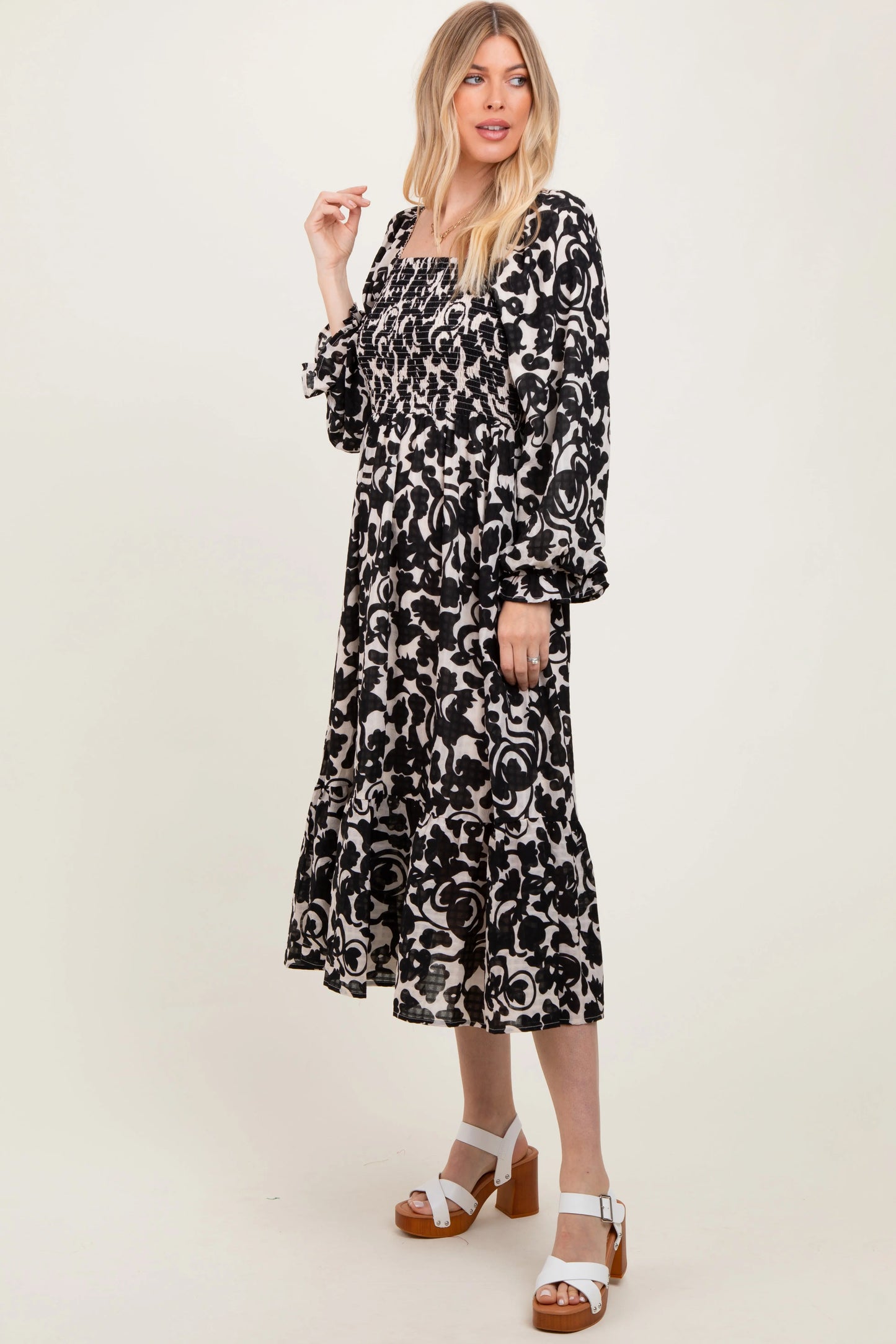 Black Floral Damask Print Smocked Midi Dress PinkBlush