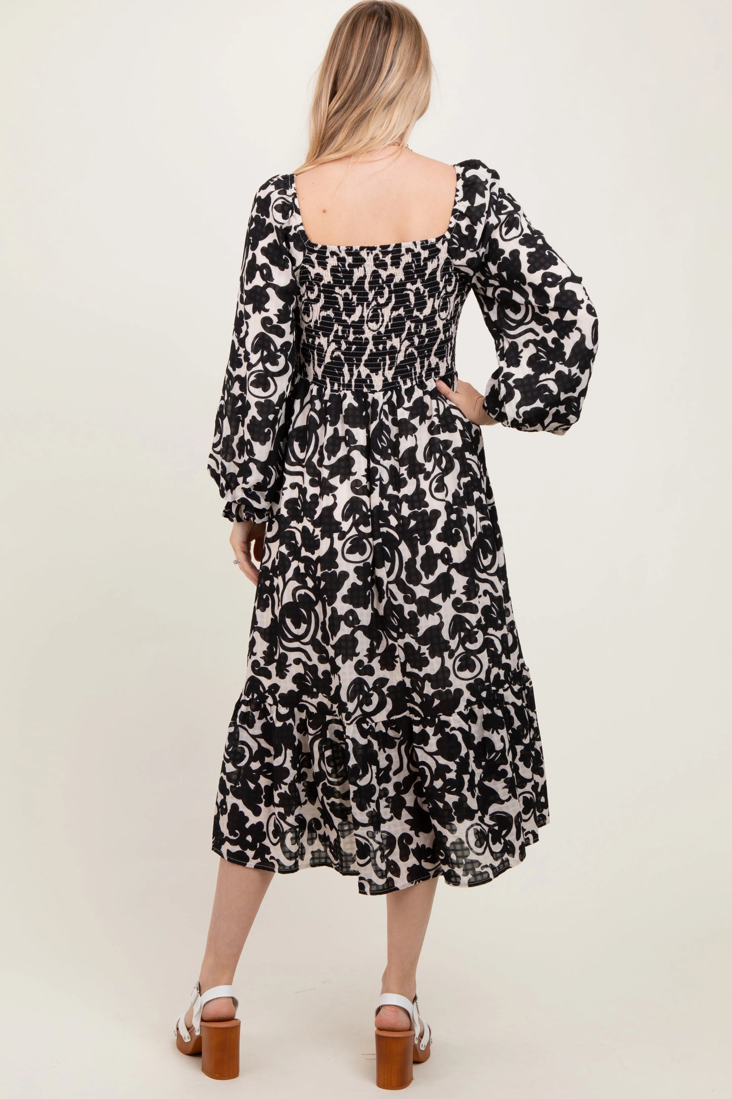 Black Floral Damask Print Smocked Midi Dress PinkBlush