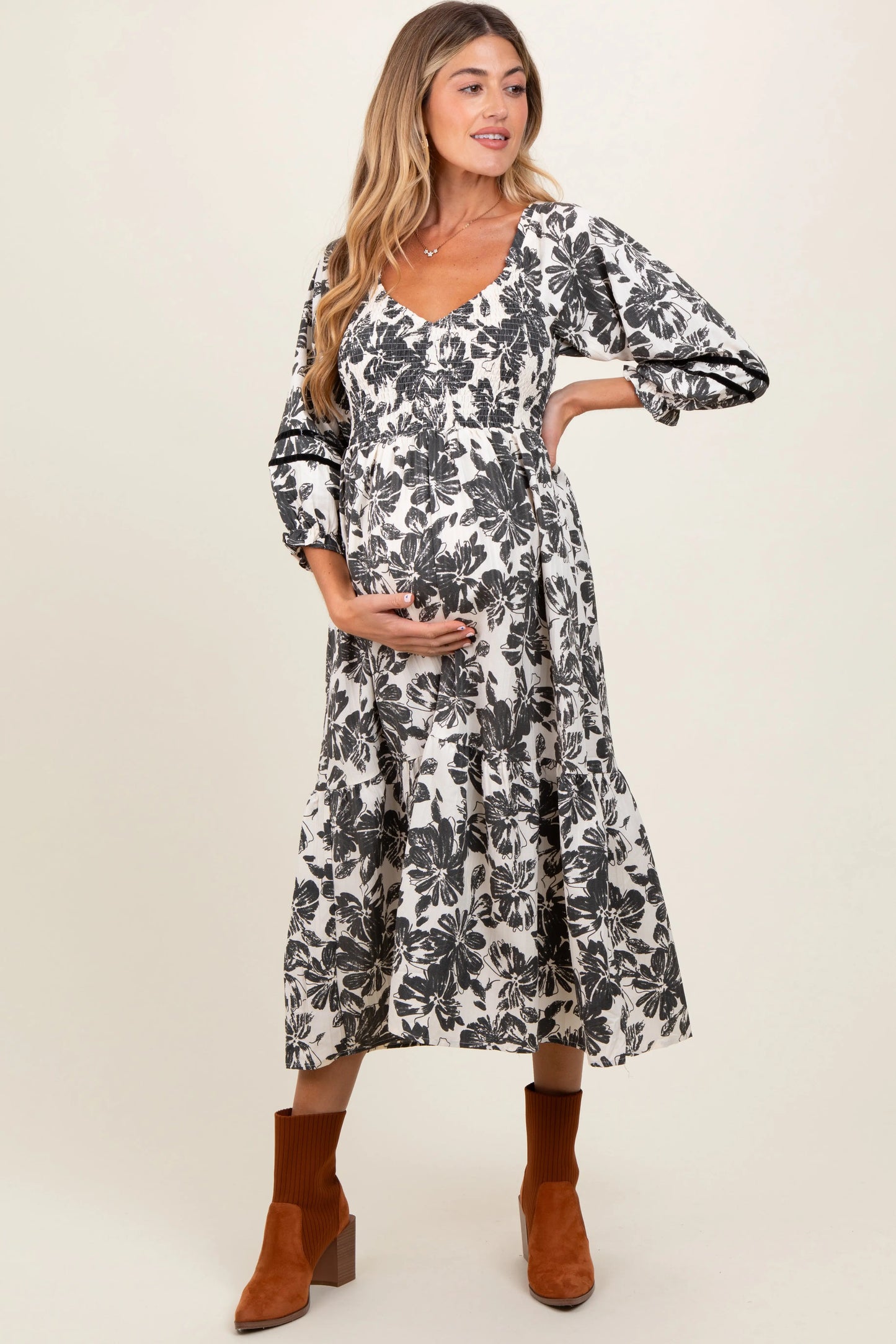 PinkBlush PinkBlush Cream Floral Smocked Maternity Midi Dress for Expecting Mothers - Apparel & Accessories > Clothing > Dresses