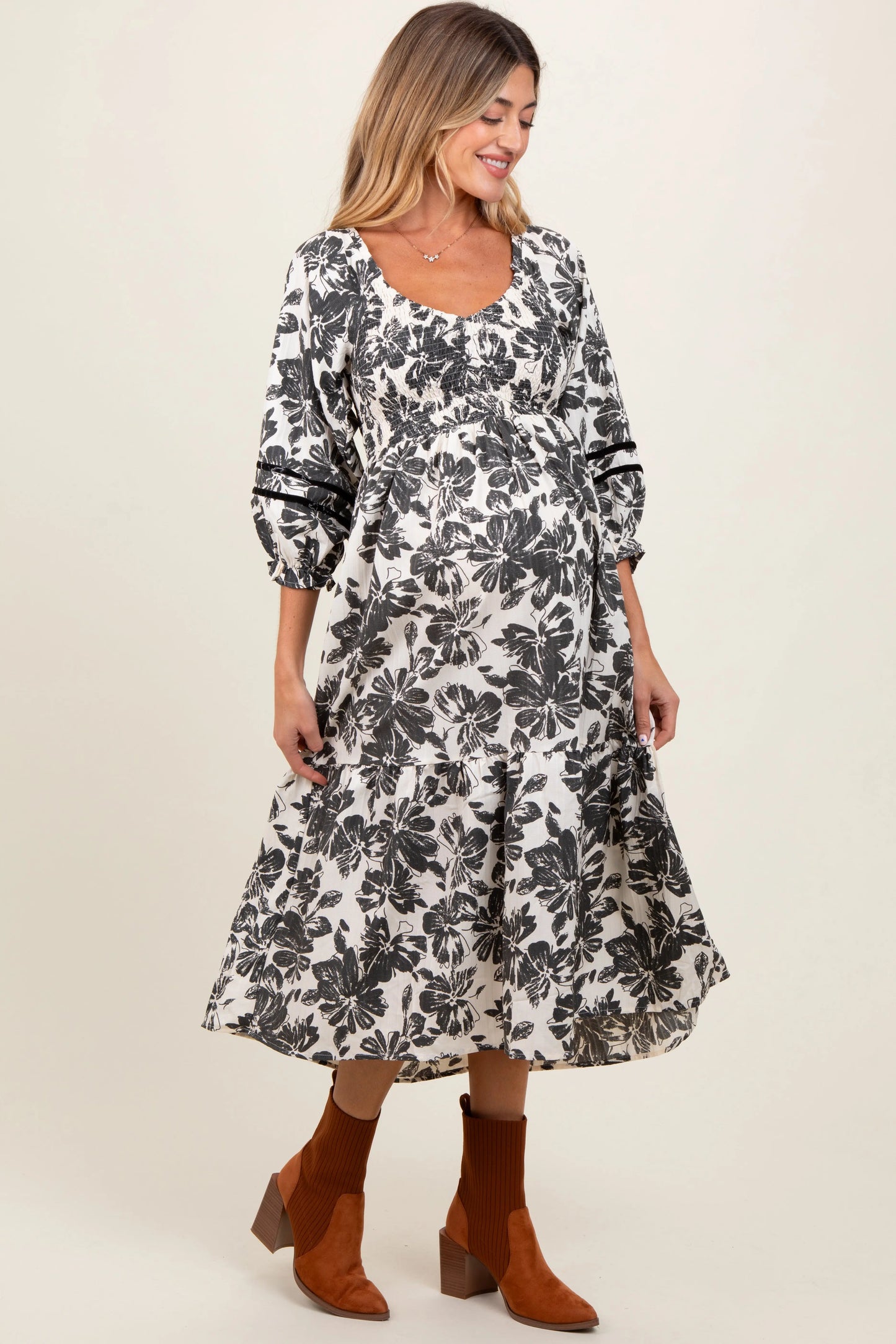 PinkBlush PinkBlush Cream Floral Smocked Maternity Midi Dress for Expecting Mothers - Apparel & Accessories > Clothing > Dresses