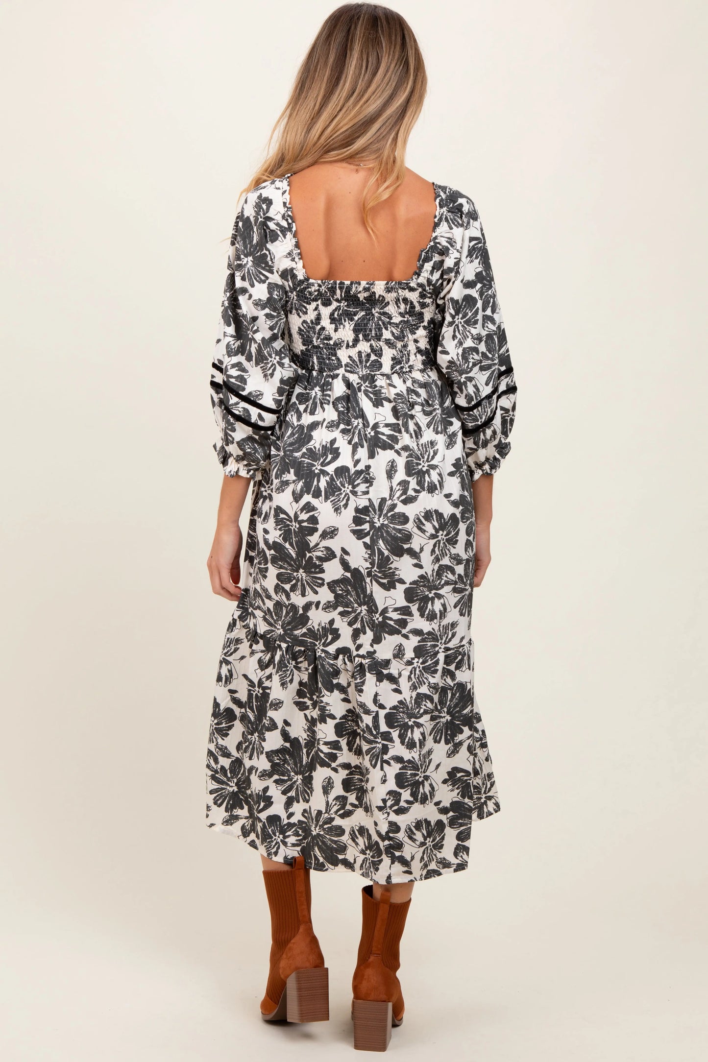 PinkBlush PinkBlush Cream Floral Smocked Maternity Midi Dress for Expecting Mothers - Apparel & Accessories > Clothing > Dresses