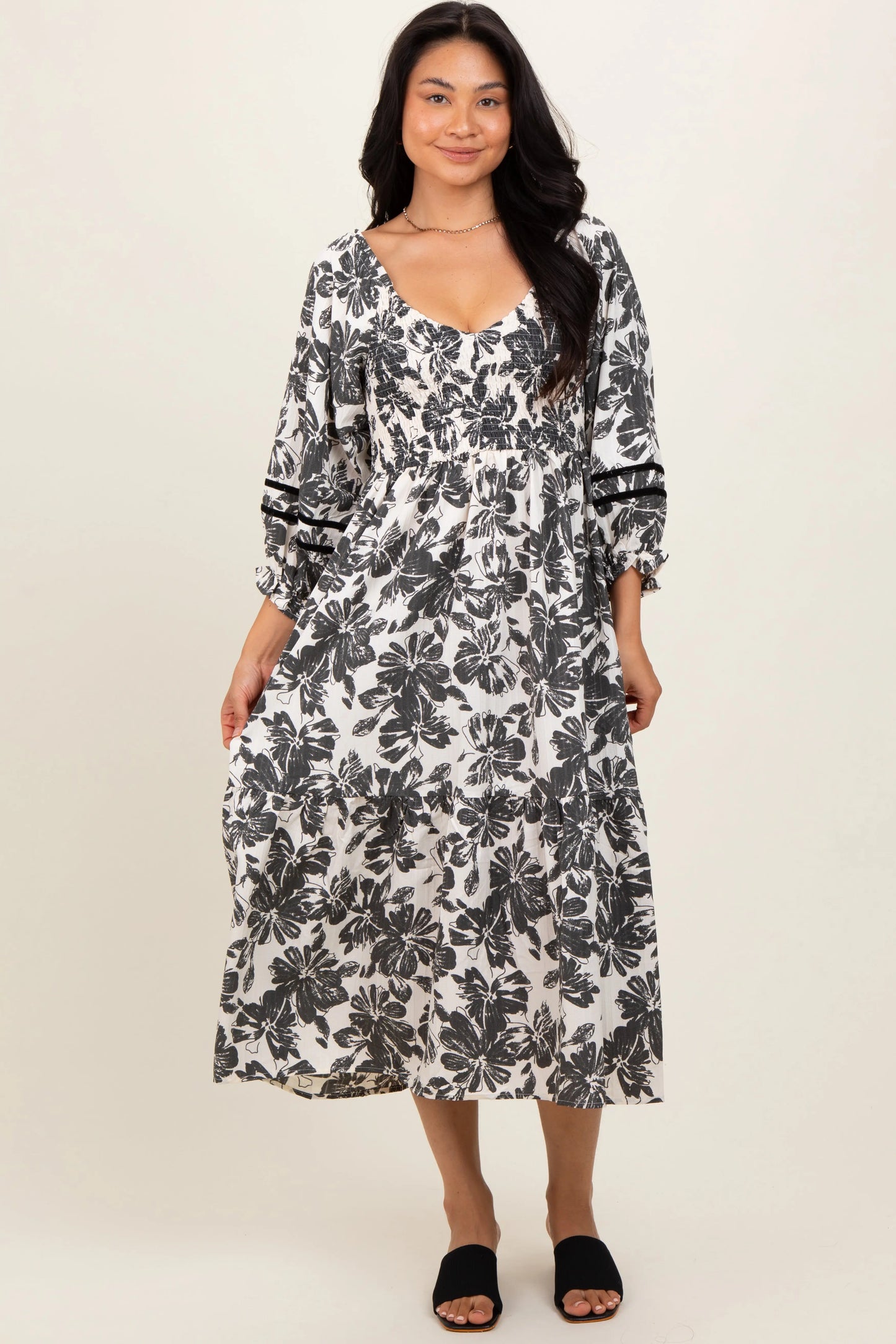 PinkBlush PinkBlush Cream Floral Smocked Maternity Midi Dress for Expecting Mothers - Apparel & Accessories > Clothing > Dresses