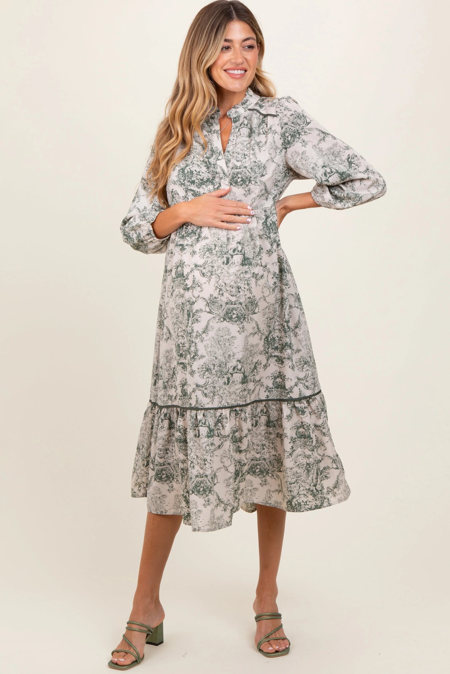 Forest Green Printed Split Ruffle Collar Maternity Midi Dress PinkBlush