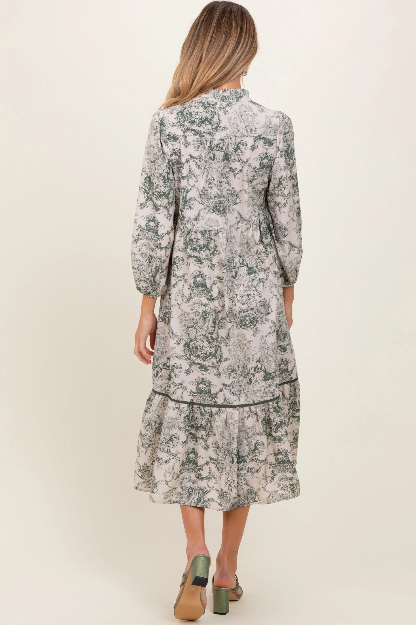 Forest Green Printed Split Ruffle Collar Maternity Midi Dress PinkBlush