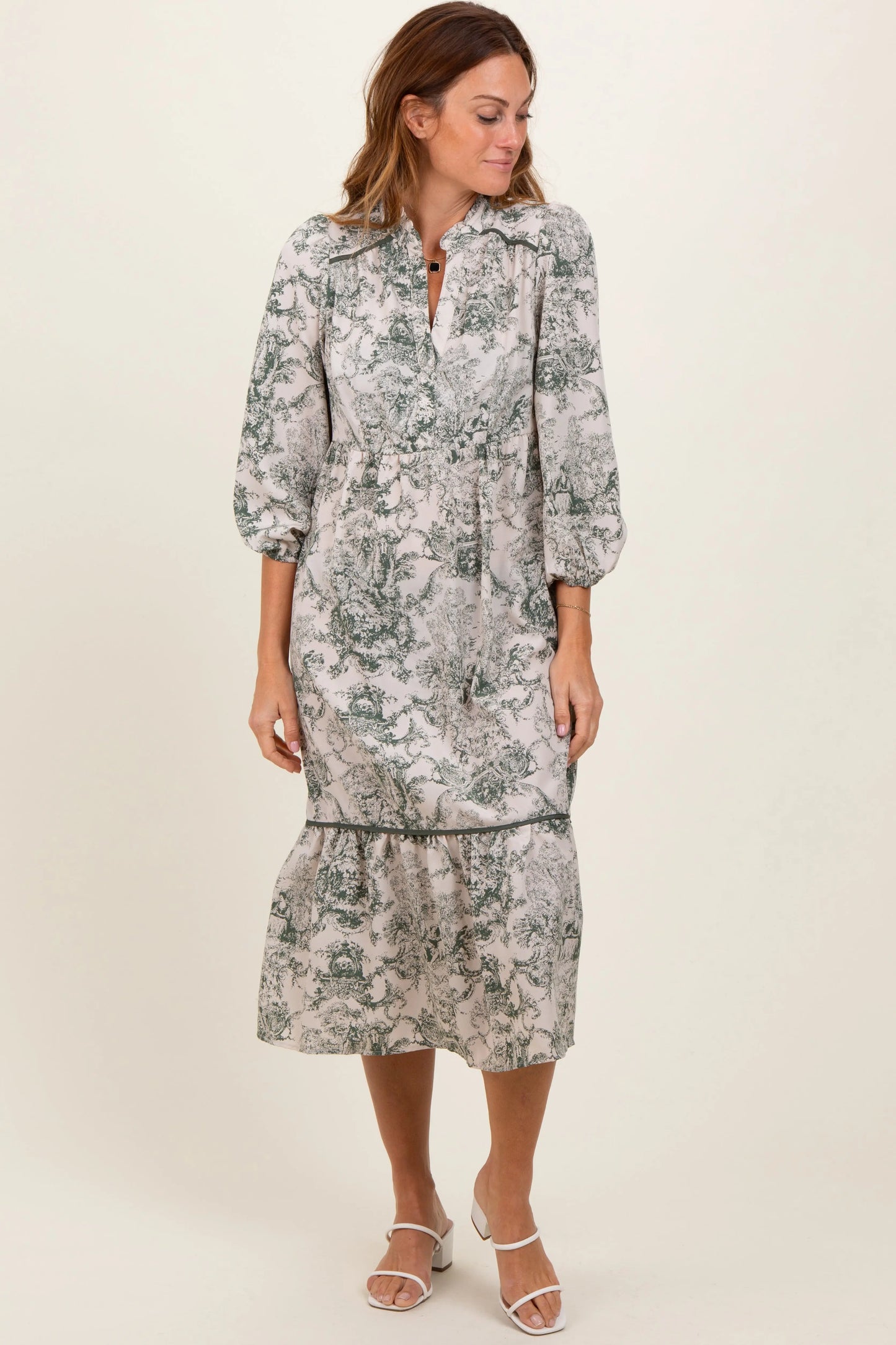 Forest Green Printed Split Ruffle Collar Maternity Midi Dress PinkBlush